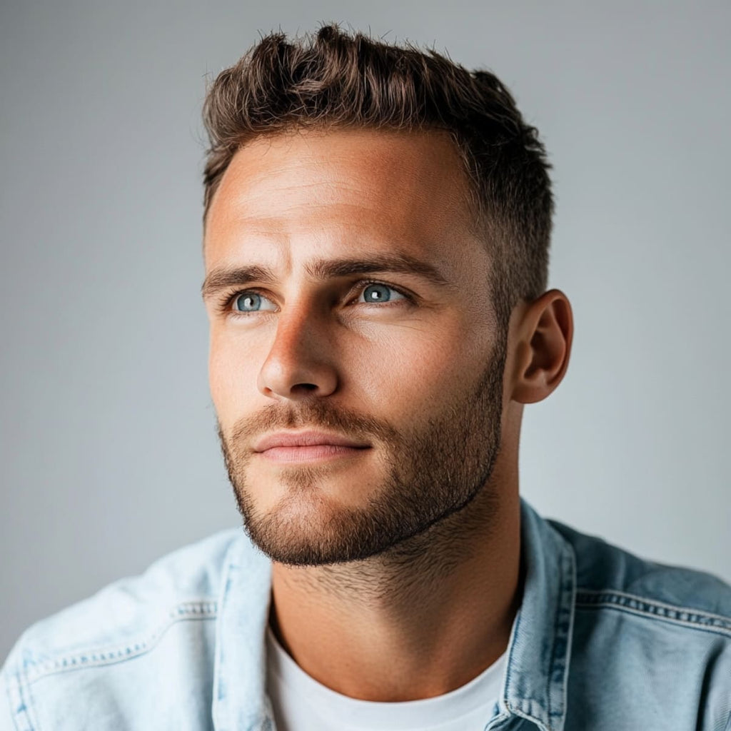 Handsome man with a crew cut hairstyle, ideal for men with big foreheads, showcasing a short, low-maintenance haircut that emphasizes a balanced look. Perfect example of short hairstyles for men with big foreheads, enhancing facial features and giving a clean, modern appearance.