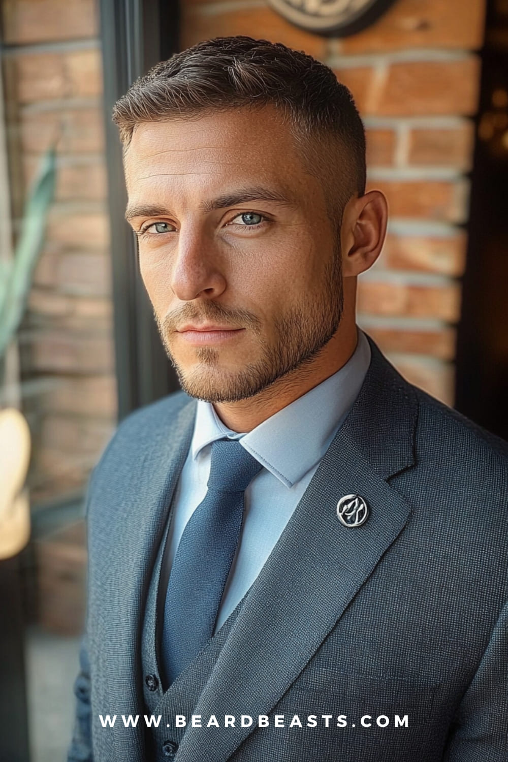 Sharp crew cut hairstyle for men with square faces, emphasizing a strong jawline and clean, tapered sides, perfect for a polished and professional look.