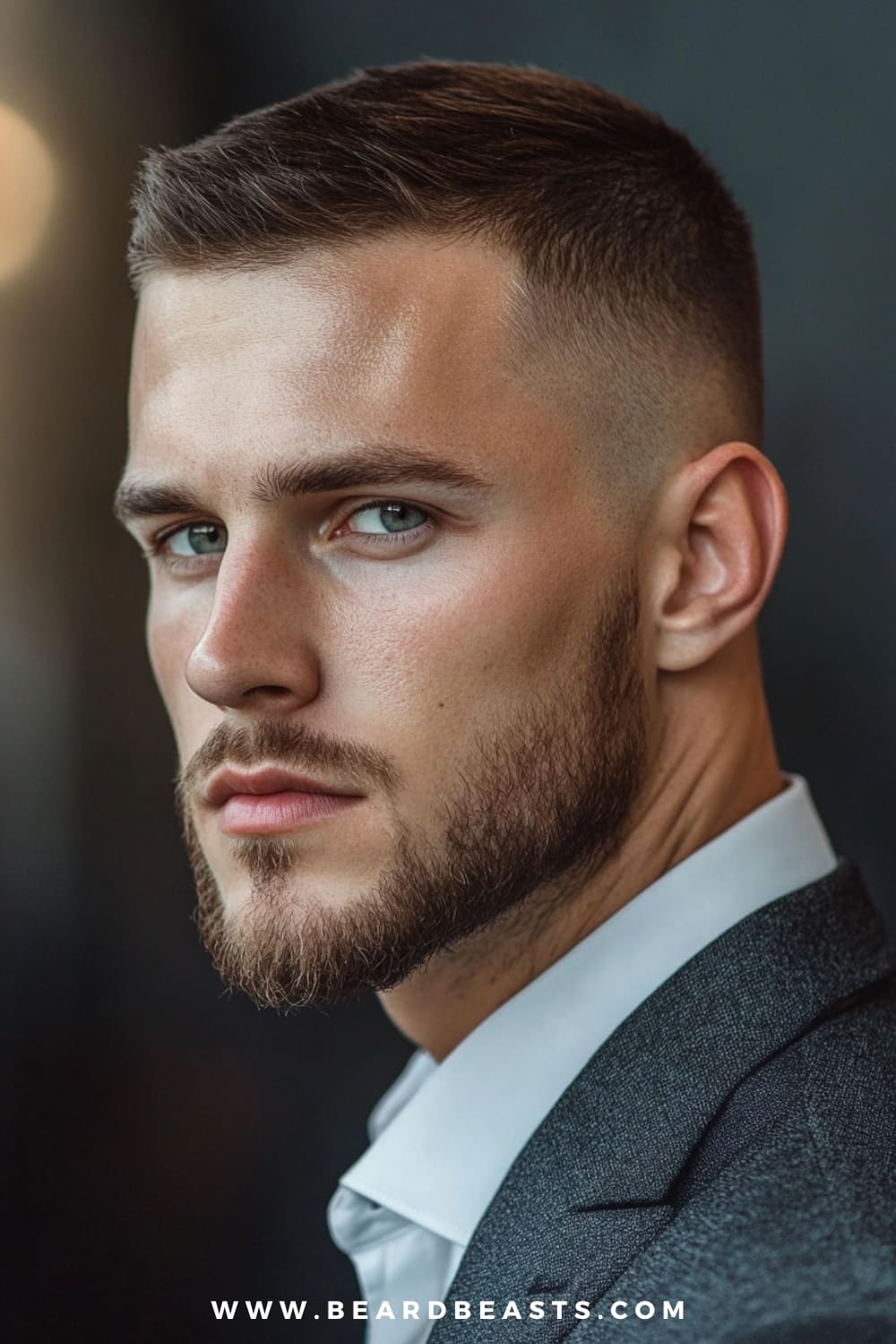 A man with a sharp and stylish crew cut, a popular choice among short hairstyles for men with thick hair, is captured in a close-up profile shot. His thick, straight hair is neatly trimmed on the sides and back, while the top remains slightly longer, showcasing a clean, structured look. Complementing his hairstyle, he has a well-groomed beard and wears a tailored suit jacket over a white shirt, exuding a polished and professional vibe. The background is softly blurred, drawing attention to his striking facial features and the precision of his haircut. The image is branded with a website link at the bottom.