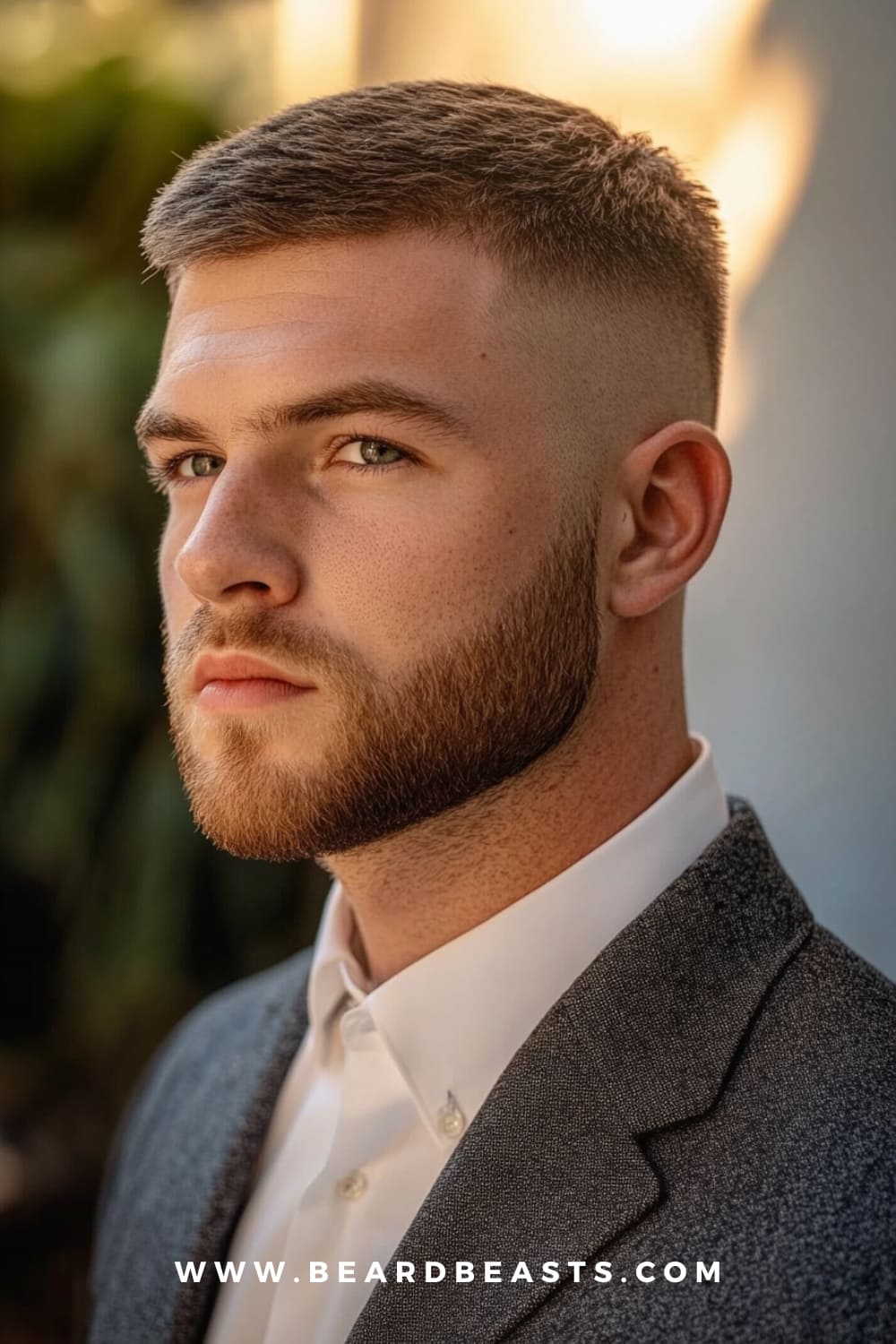 A man with a well-groomed crew cut hairstyle is seen in a close-up profile shot.