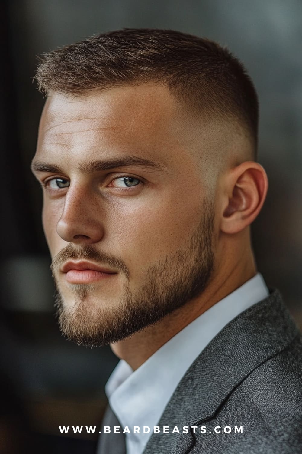 A man with a stylish crew cut hairstyle featuring short sides and a slightly longer top, complemented by a well-groomed beard. The look is clean, masculine, and professional, showcasing one of the classic stylish haircuts for men.