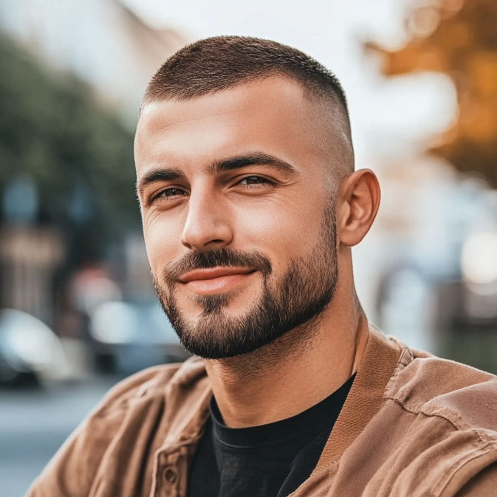 A man with a short, neatly trimmed crew cut and a well-groomed beard smiles confidently while looking directly at the camera. His haircut features slightly longer hair on top with cleanly tapered sides, giving him a fresh, structured look. The soft outdoor background with hints of greenery and warm tones complements his casual yet polished style.