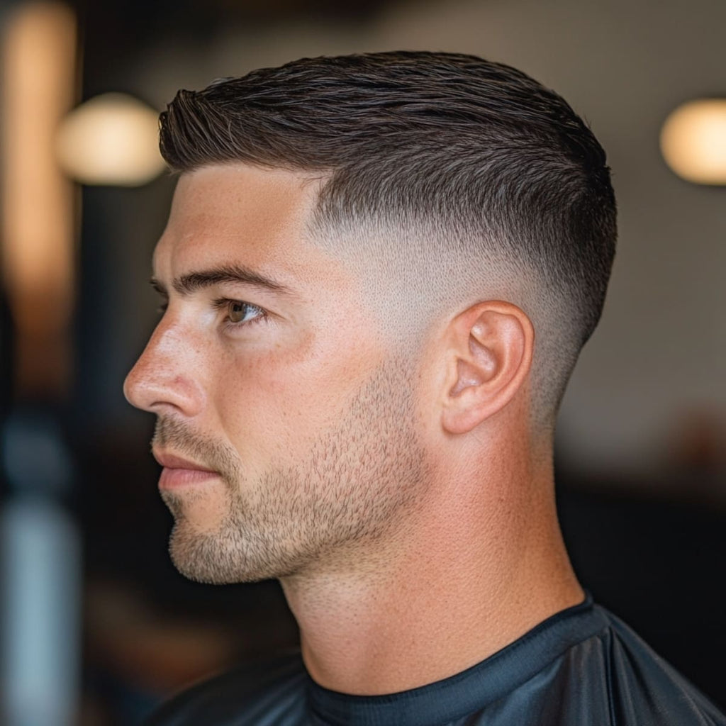 A side profile of a young man with a neatly groomed, short hairstyle. The top is styled in a simple, clean look with short, combed hair, while the sides gradually taper into a smooth fade. His facial hair is lightly stubbled, complementing the sharpness of the haircut. The background, softly blurred, enhances the focus on his well-maintained hairstyle, giving a polished and refined appearance.