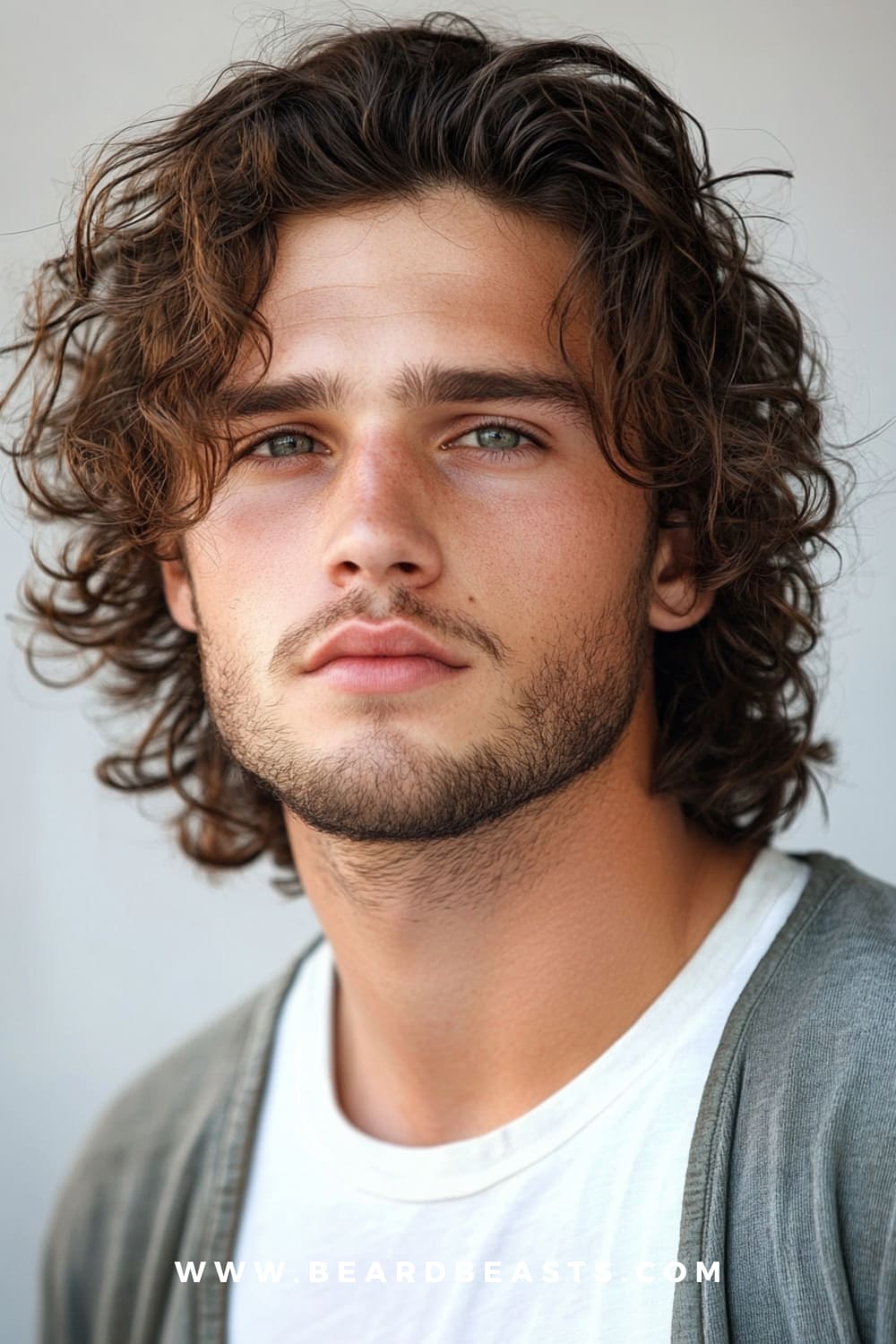 A young man with a curly flow haircut, featuring medium-length, naturally curly brown hair that flows freely with a relaxed, tousled look. His curls are well-defined and add volume and texture to his hairstyle, creating a playful and dynamic appearance. The man has a neatly trimmed beard that complements his casual, laid-back vibe. This curly flow haircut showcases one of the trendiest men’s flow hairstyles for 2024, perfect for those who want to embrace their natural curls with style and confidence.