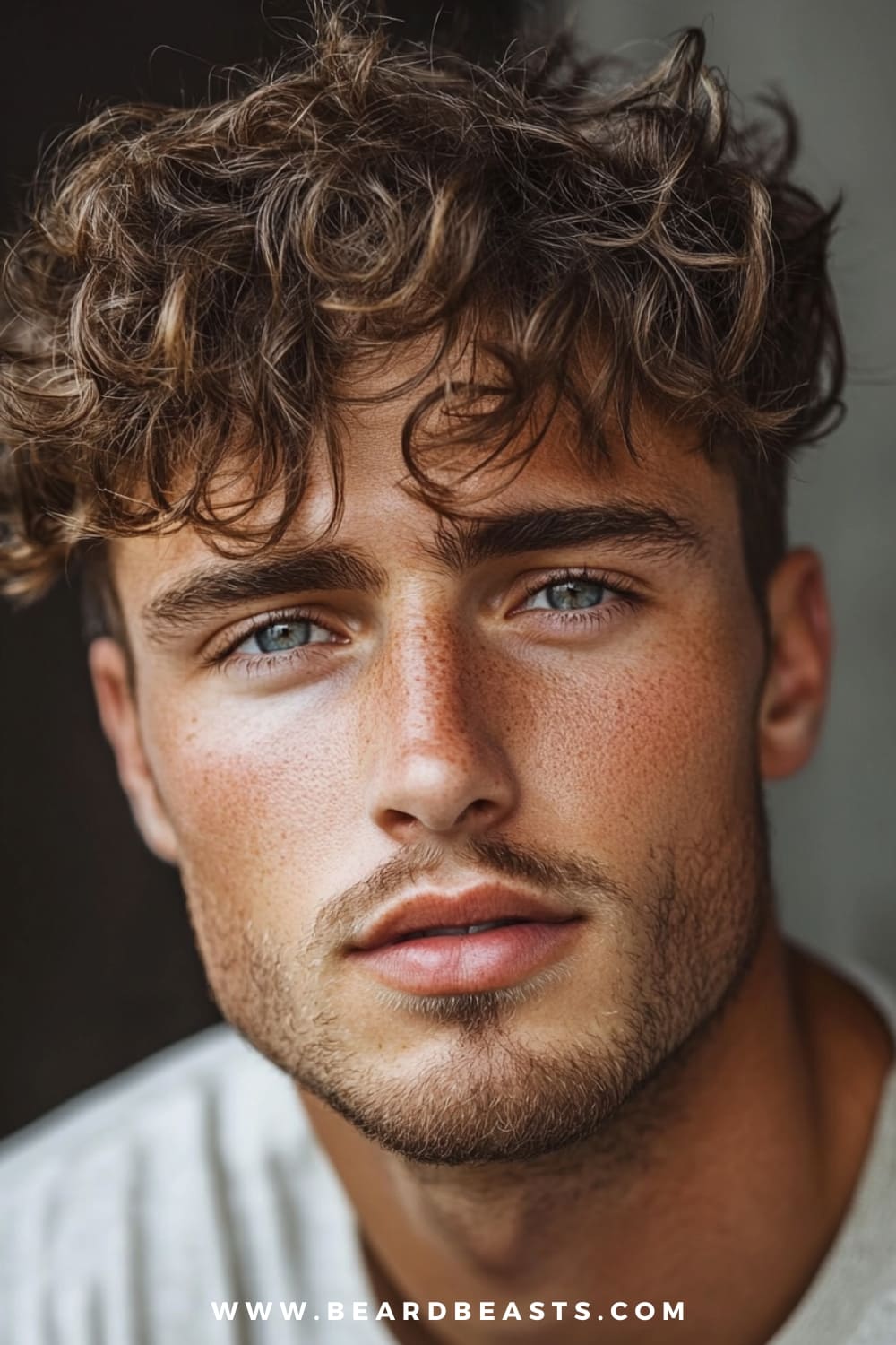 A man sports a stylish curly fringe, an ideal option among hairstyles for men with thick curly hair. His thick, curly hair is styled with loose, defined curls that fall naturally across his forehead, creating a relaxed and youthful look. The fringe adds texture and volume, while the sides are slightly tapered to maintain a clean silhouette. He has a light stubble that complements his soft features and bright blue eyes.