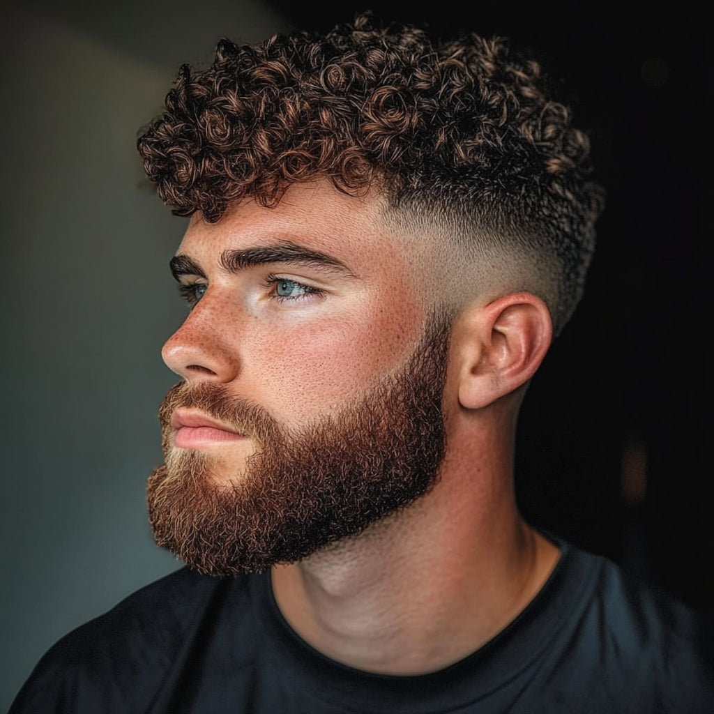 A side profile of a man with tight, defined curly hair on top, paired with a skin fade haircut that gradually tapers down to the skin on the sides. His beard is thick and well-groomed, complementing his sharp jawline and the fade's clean lines. The natural curls add texture and volume, contrasting with the smooth fade for a stylish, modern look.