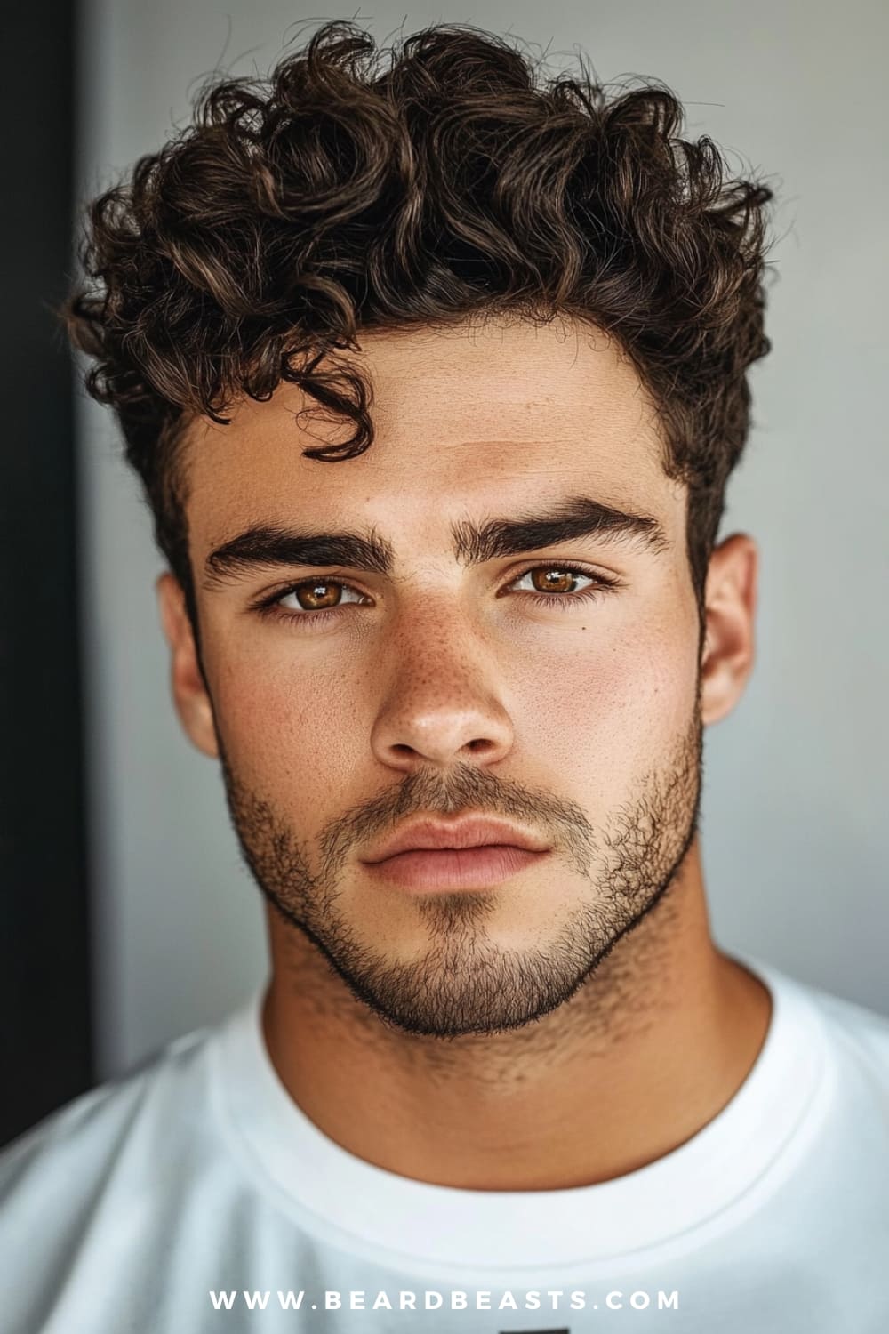 A man showcases a modern curly pompadour, an excellent choice among hairstyles for men with thick curly hair. His thick, curly hair is styled with volume at the top, creating a pompadour effect that blends classic and contemporary styles. The sides are neatly tapered, accentuating the fullness and texture of the curls on top. He has a light stubble that complements his strong facial features, giving him a clean yet stylish look.