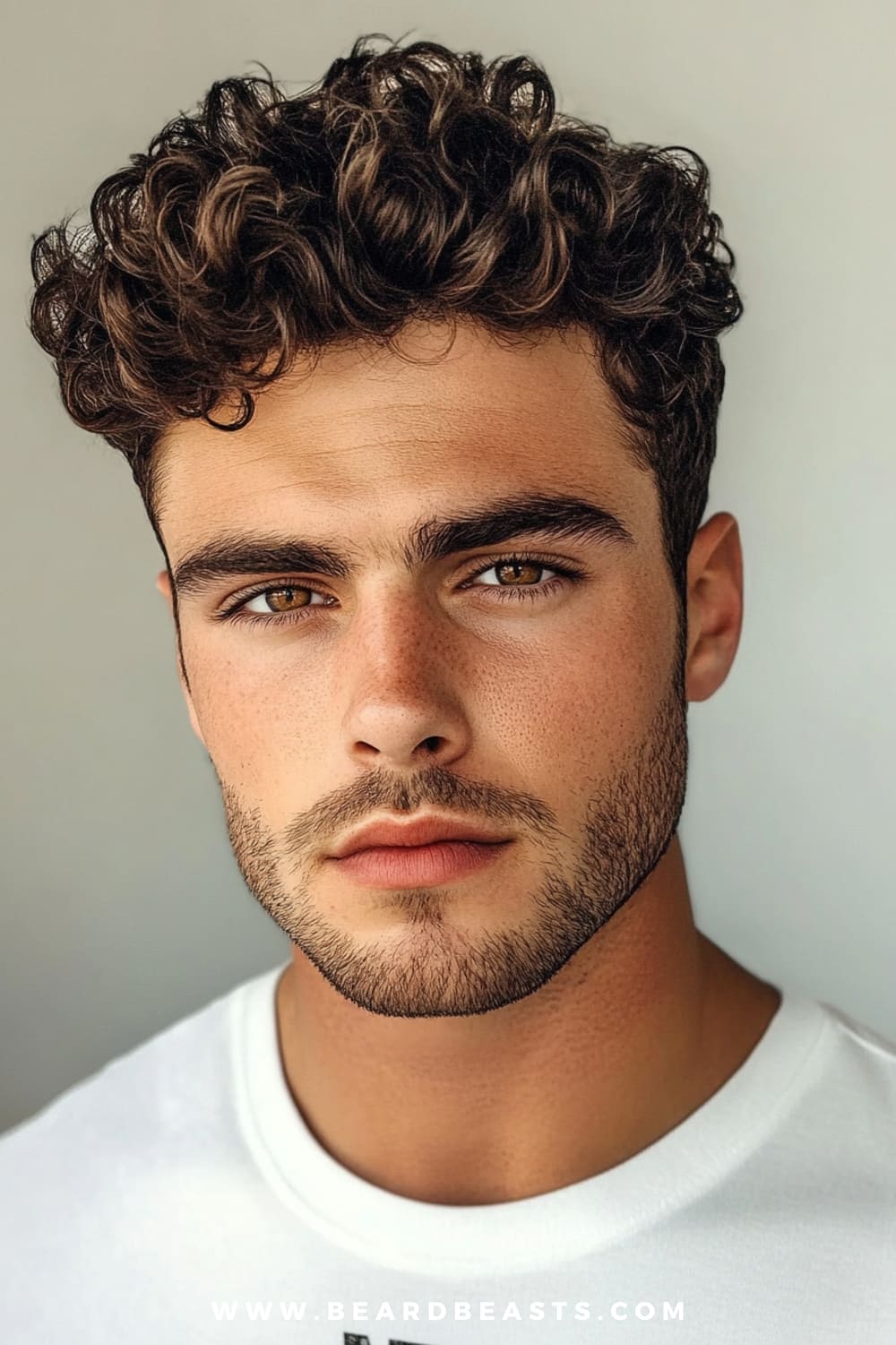 A man with a stylish curly pompadour is featured in this image, showcasing his thin curly hair styled with volume and definition. The curls are neatly shaped into a pompadour, adding height and fullness to the top, while the sides are kept shorter for a clean, sharp look. This hairstyle for men with thin curly hair enhances the natural texture of the curls while providing a structured, polished appearance. Paired with a subtle beard, the look is both modern and sophisticated, perfect for adding volume to thin hair while maintaining a sleek style.