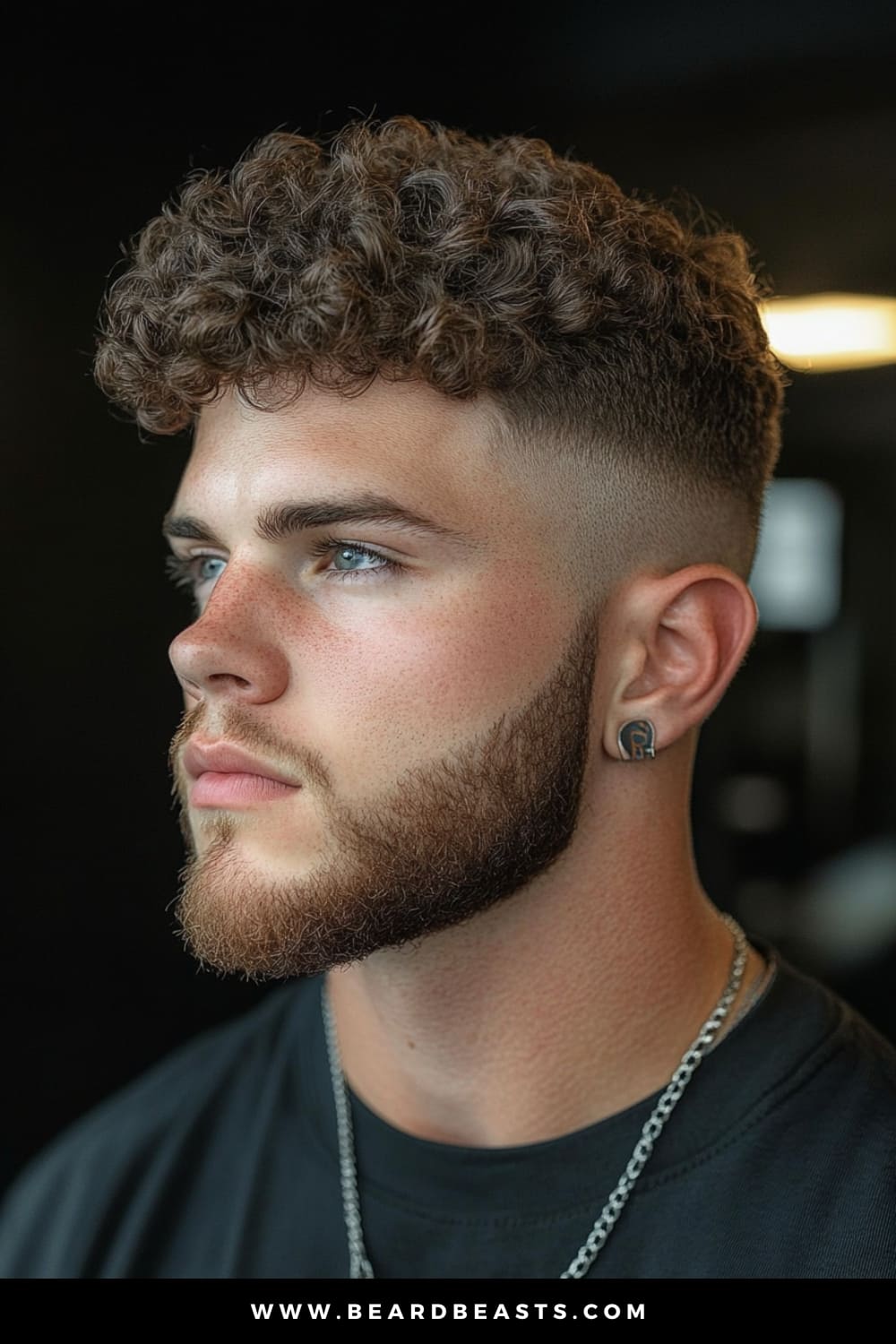 A close-up image of a young man with neatly trimmed facial hair, featuring a stylish fade haircut that seamlessly transitions from shorter hair on the sides to fuller, well-defined curls on top. The overall look is sharp, modern, and enhances his natural curly texture. The lighting highlights his facial features, making the hairstyle stand out beautifully.