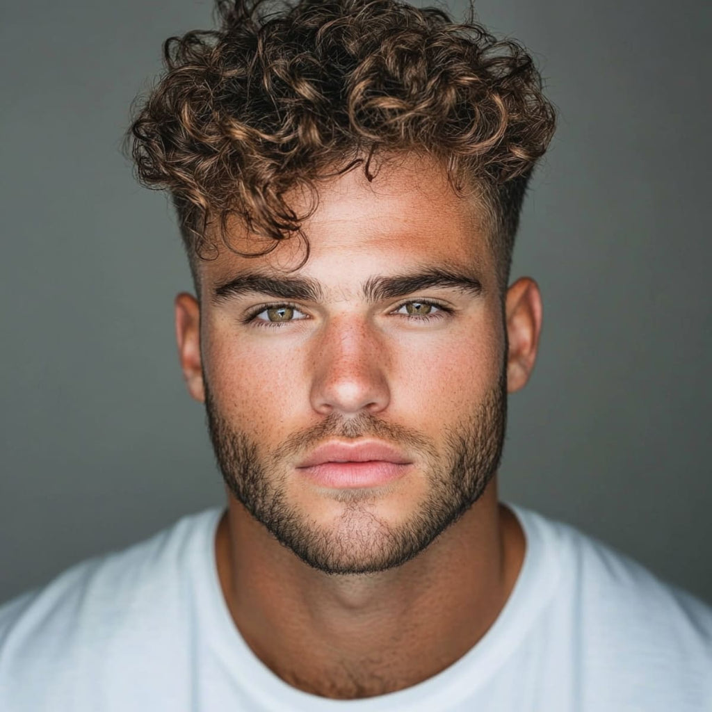 Man with a curly spiked crop hairstyle and low fade, showcasing natural curls and textured volume on top. The look combines messy spiky hair with a clean, low fade, creating a fresh and stylish appearance.