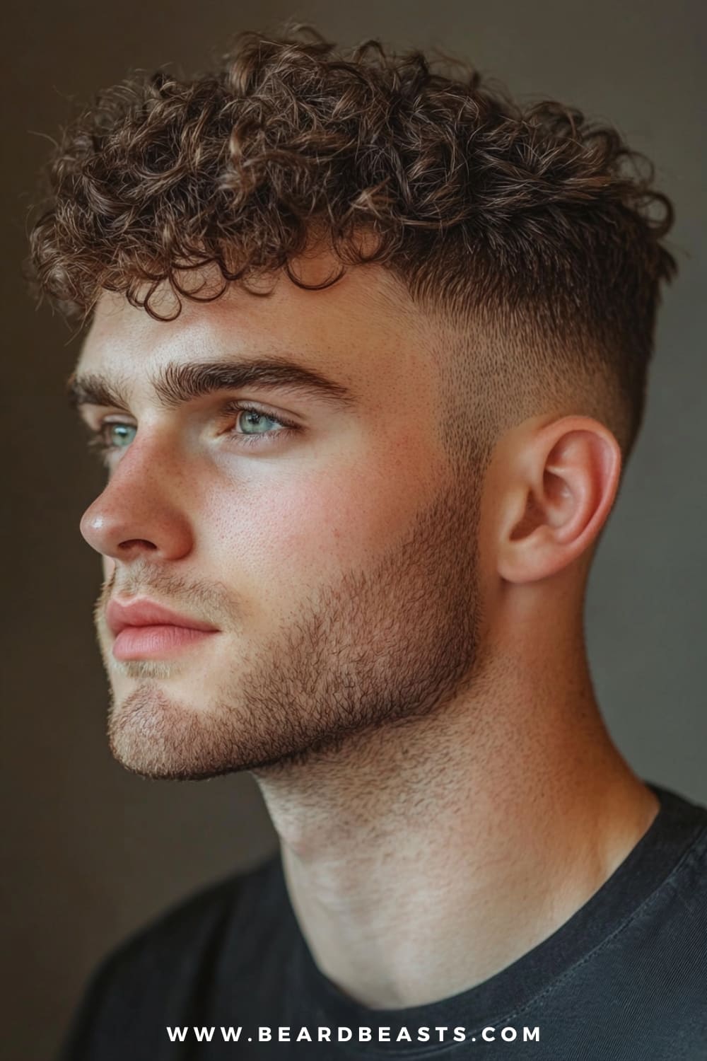 A young man with sharp, defined features is showcasing a Curly Top, a popular and stylish option for men. His naturally curly hair is left longer on top, creating a voluminous and textured look, while the sides are neatly faded, providing a clean and modern contrast.