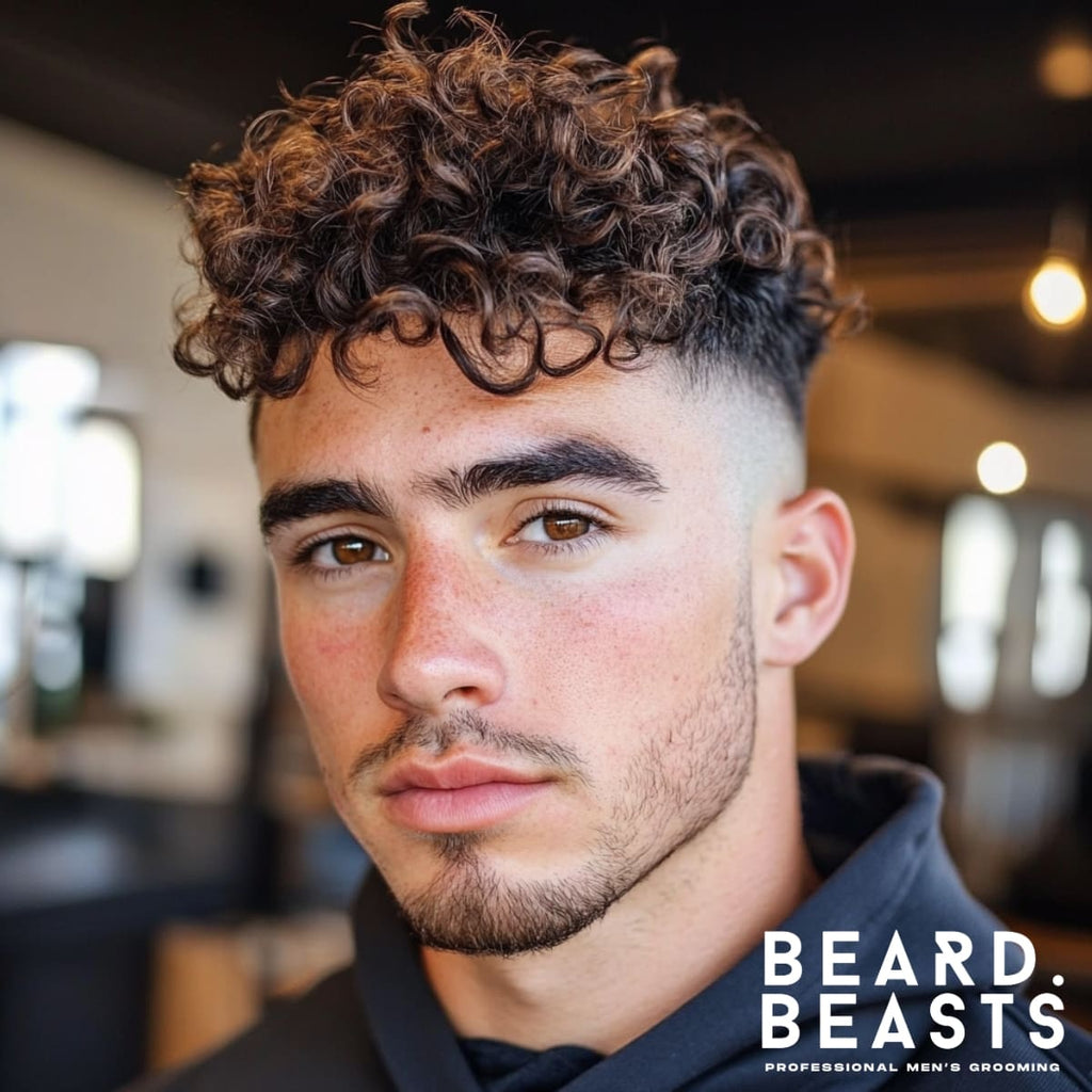 Stylish 30-year-old man with naturally defined curls styled on top, paired with a sharp high fade undercut that creates a bold contrast. The curls are voluminous and textured, accentuating the modern and youthful vibe of the haircut. Set in a bright, contemporary barbershop with a sleek and minimalistic design, the man wears a black hoodie, complementing the casual yet trendy look.