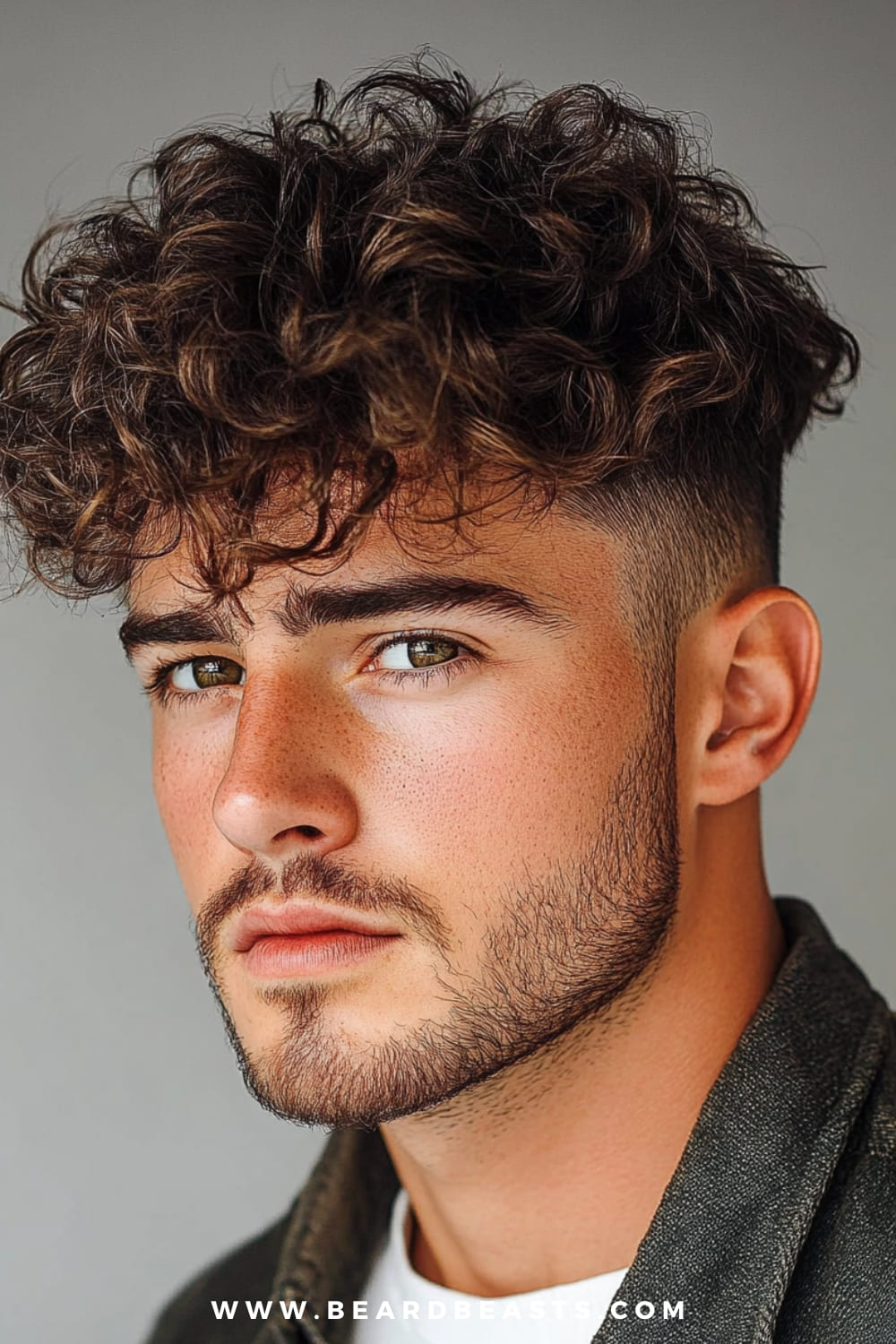 A man displays a stylish curly undercut, with his thick, curly hair cascading naturally on top while the sides are sharply tapered for contrast. The voluminous curls create a dynamic texture, giving the look a bold and modern feel. His facial features are accentuated by the clean lines of the undercut and the well-groomed stubble that adds to his overall sharp appearance.