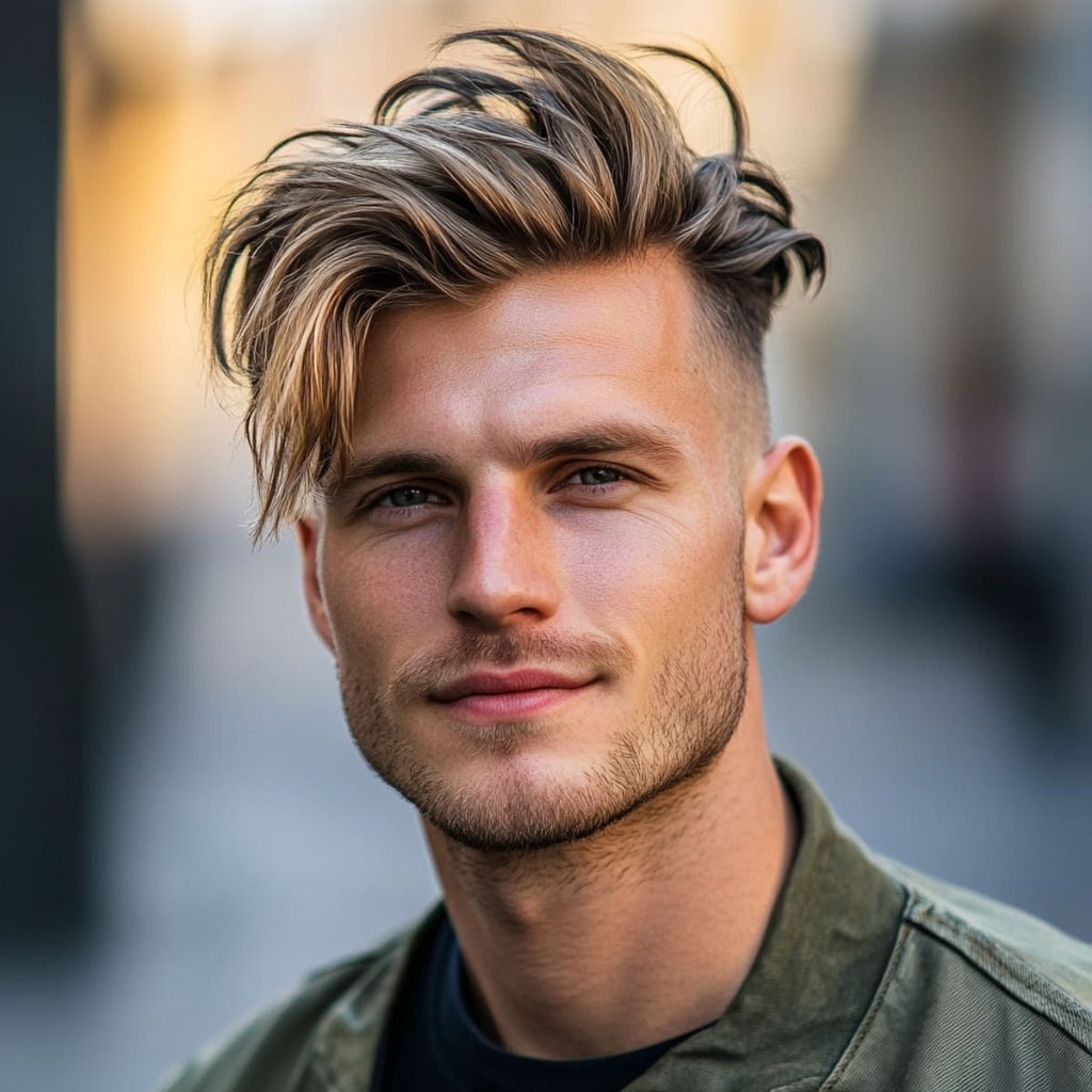 A man with a disconnected undercut, a trendy choice among Men’s Hairstyles for Receding Hairlines, poses confidently with a slight smile. His hairstyle features a long, textured top with a dramatic side-swept look, contrasted by closely cropped sides, creating a bold and modern silhouette. The tousled top adds volume and movement, drawing attention away from the hairline, while the soft, urban background enhances his stylish and contemporary vibe.