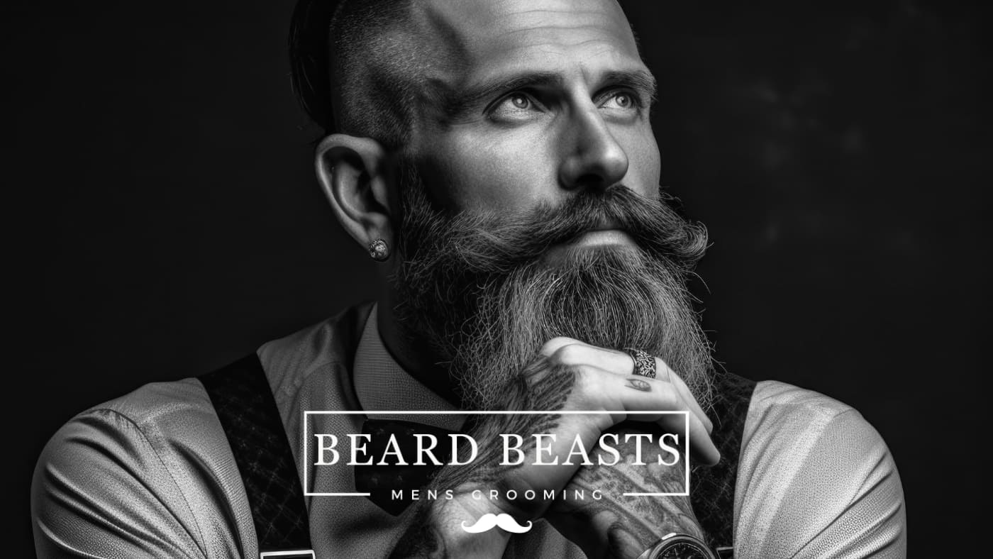 A monochrome promotional image featuring a well-groomed man with a full beard and styled mustache, wearing a vest and a dress shirt, gazing thoughtfully into the distance. The text "BEARD BEASTS - MEN'S GROOMING" is overlaid, indicating a focus on male grooming products or services related to beard care.