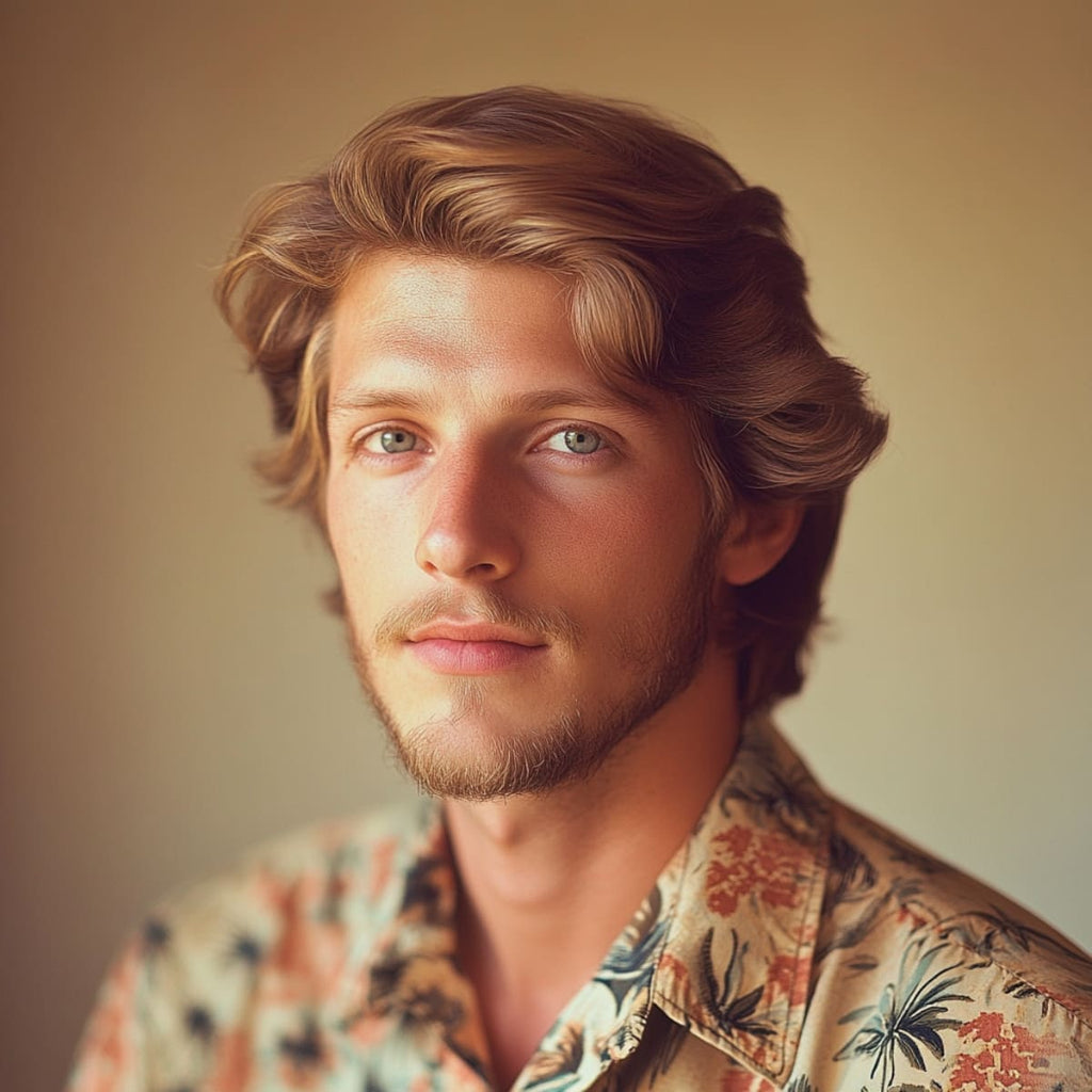 Handsome 30-year-old man with a classic 70s feathered hairstyle, featuring soft, layered waves that frame his face. Dressed in a vintage-inspired floral shirt, he embodies the relaxed and stylish vibe of 1970s men’s fashion. The soft, neutral background highlights the retro charm of his feathered haircut, making this a timeless example of iconic 70s men’s hairstyles.