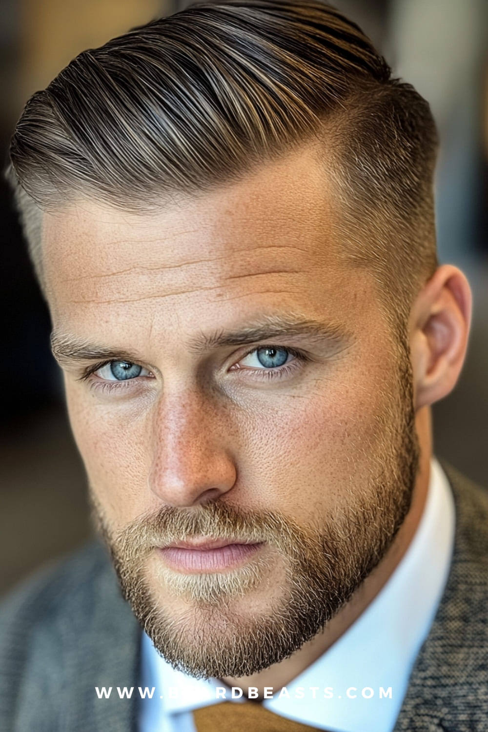 A man showcasing an executive contour haircut, one of the top gentlemen hairstyles for men in 2024. The sleek, side-parted style paired with a neatly trimmed beard creates a polished and professional look.