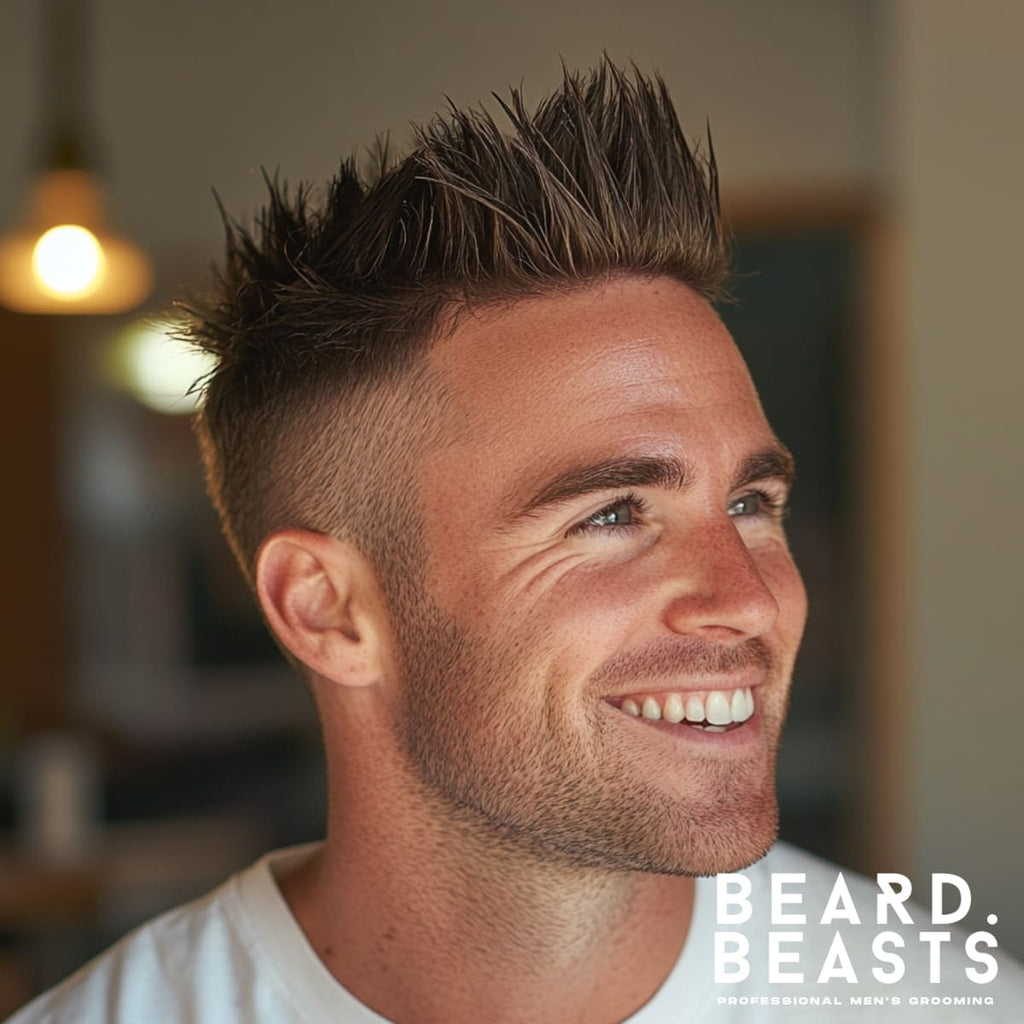 Side profile of a stylish young man featuring a faux hawk haircut, a bold and trendy choice among textured haircuts for men. The hairstyle showcases spiked, textured hair through the center, contrasted with neatly tapered sides, creating a dynamic and modern look. His cheerful expression and casual white T-shirt enhance the approachable and youthful vibe, set in a warmly lit indoor environment. This image highlights the edgy appeal and versatility of men's textured haircuts.