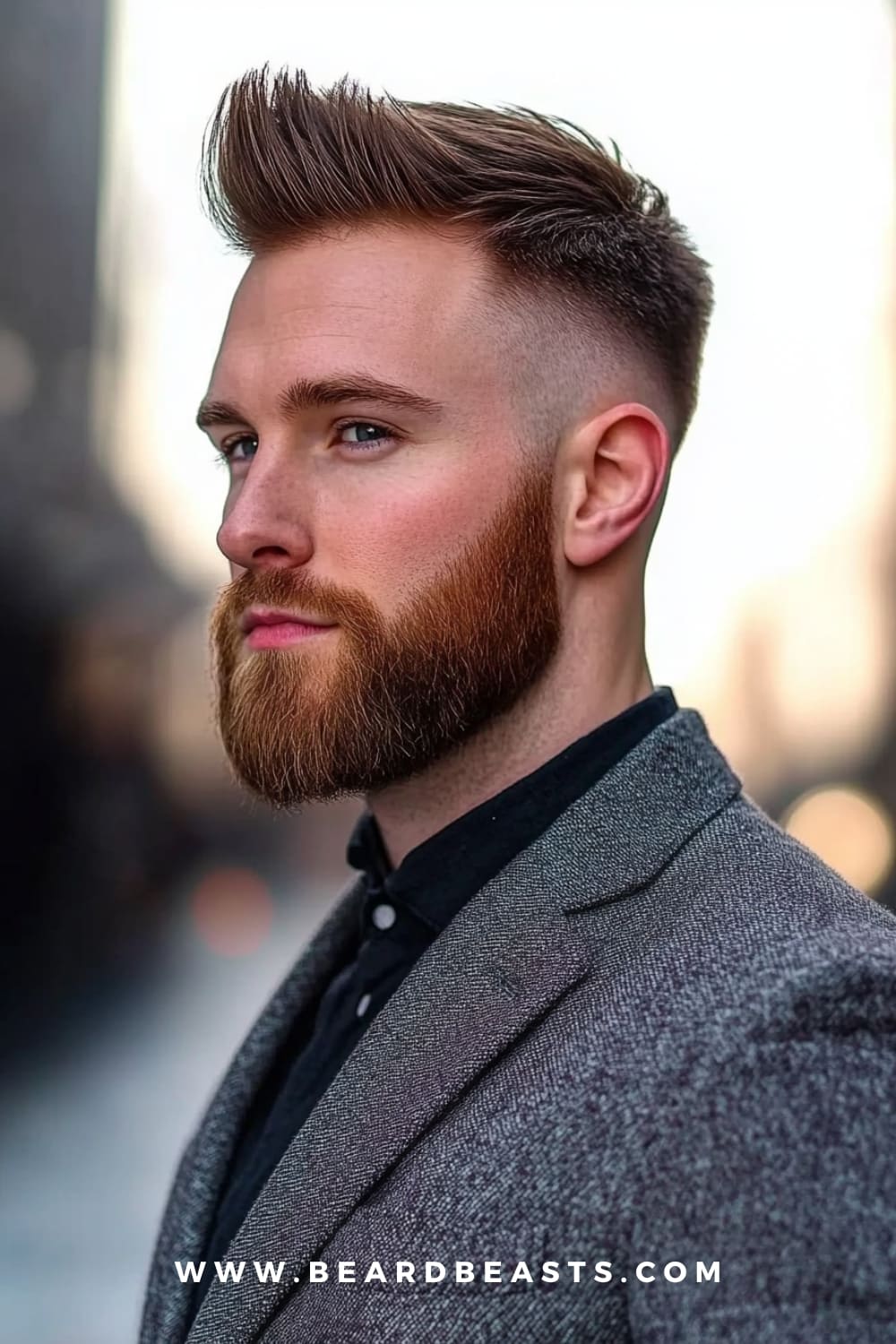 Faux Hawk Hairstyle - A bold gentleman's haircut featuring a voluminous faux hawk with a sharp fade on the sides, paired with a full beard for a modern, edgy look. Keywords: gentlemen hairstyles, faux hawk, men's grooming.