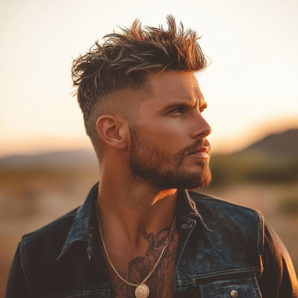 Man with a textured faux hawk hairstyle and faded sides, creating a rugged yet refined look. He wears a denim vest layered over his tattooed chest, accented by a simple gold necklace. His intense gaze is directed toward the horizon, set against the warm glow of a sunset in an open landscape. The overall style combines a modern edge with a touch of rugged, Western charm.