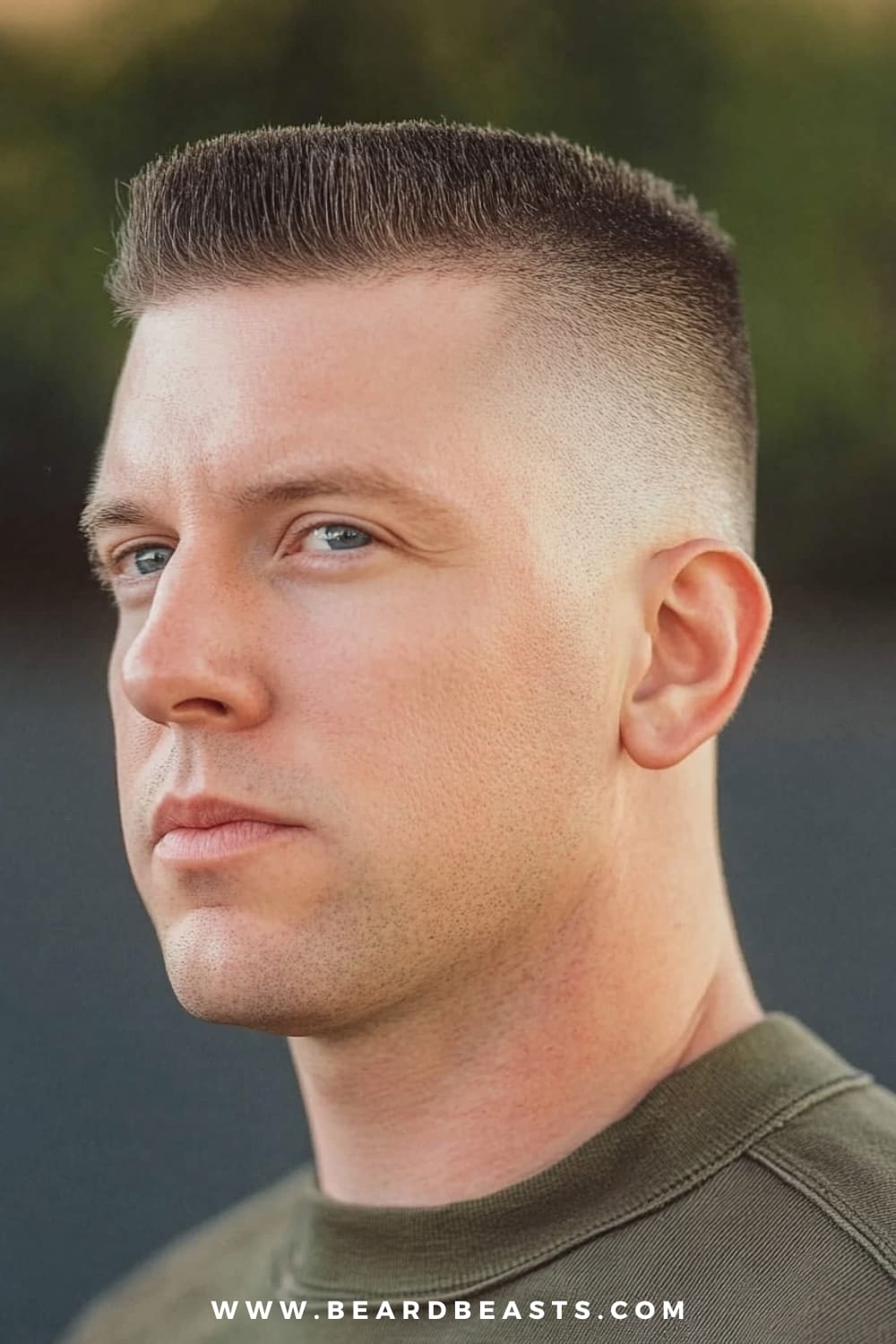 A close-up image of a man with a Flat Top haircut, a distinctive and structured style that is iconic among military haircuts for men. The haircut features very short sides and back with a perfectly flat and level top, creating a sharp, geometric appearance. The precision of the flat top showcases the man's disciplined and clean-cut look, ideal for those who prefer a bold and authoritative style. He is dressed in an olive-green t-shirt, complementing the military-inspired aesthetic of the haircut. The background is softly blurred with natural outdoor tones, keeping the focus on the sharp lines and detailed structure of the Flat Top haircut, emphasizing its timeless and disciplined appeal.