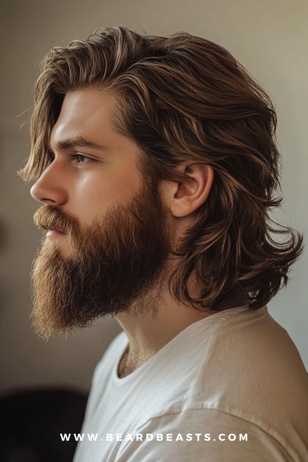 A side profile of a man with a men's flow haircut paired with a full beard, showcasing long, wavy brown hair that flows naturally and reaches past his ears, creating a relaxed and rugged look. His thick, well-groomed beard complements the hairstyle, adding to the masculine and mature vibe. The man is wearing a simple, light-colored t-shirt, and his skin has a warm, healthy glow. The background is softly blurred, focusing attention on the man's stylish hair and beard.