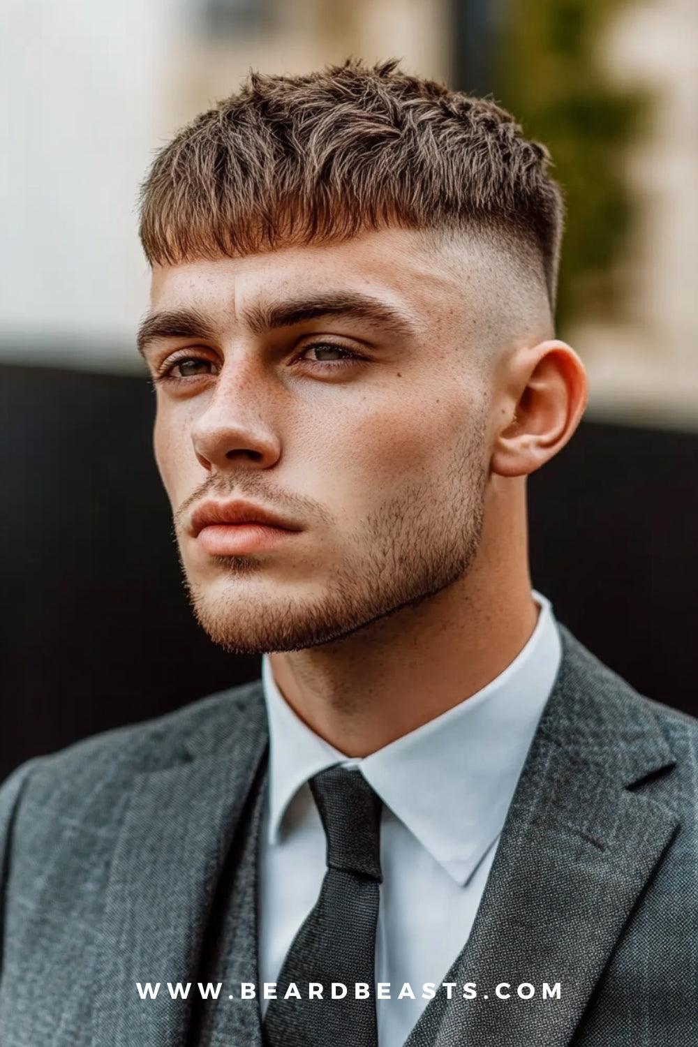 Close-up of a man with a textured French crop hairstyle and light stubble. This short hairstyle is ideal for men with round faces, as the textured top adds height while the short sides create a slimming effect, providing balance and structure to the face.