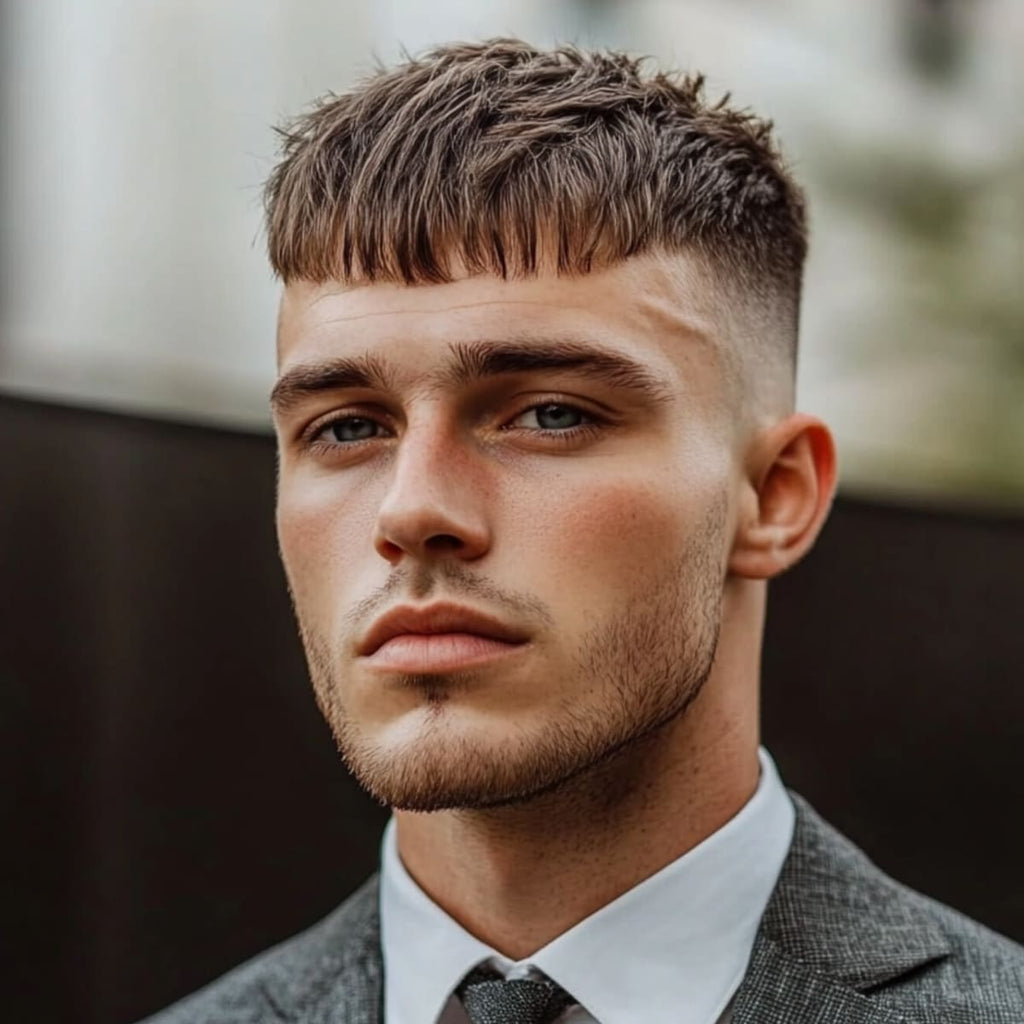 A close-up of a man with a French crop haircut, an ideal style for guys with small heads. The haircut features textured layers on top with a blunt fringe that sits just above the forehead, creating a structured yet casual look. The sides are faded, enhancing the contrast with the top and providing a clean, modern finish. This French crop adds volume and definition to the head shape, making it a popular choice for men with smaller heads seeking a stylish, contemporary appearance.