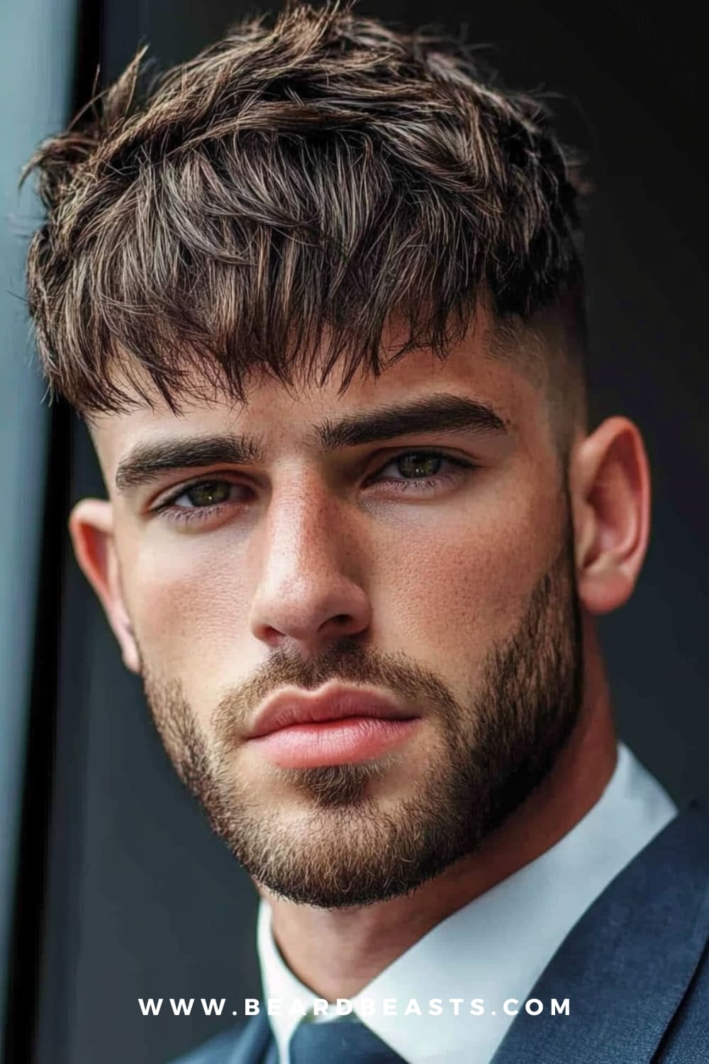 Trendy French crop hairstyle for men with square faces, featuring a textured top and sharp fringe, perfectly softening strong facial angles while adding a modern, stylish touch.