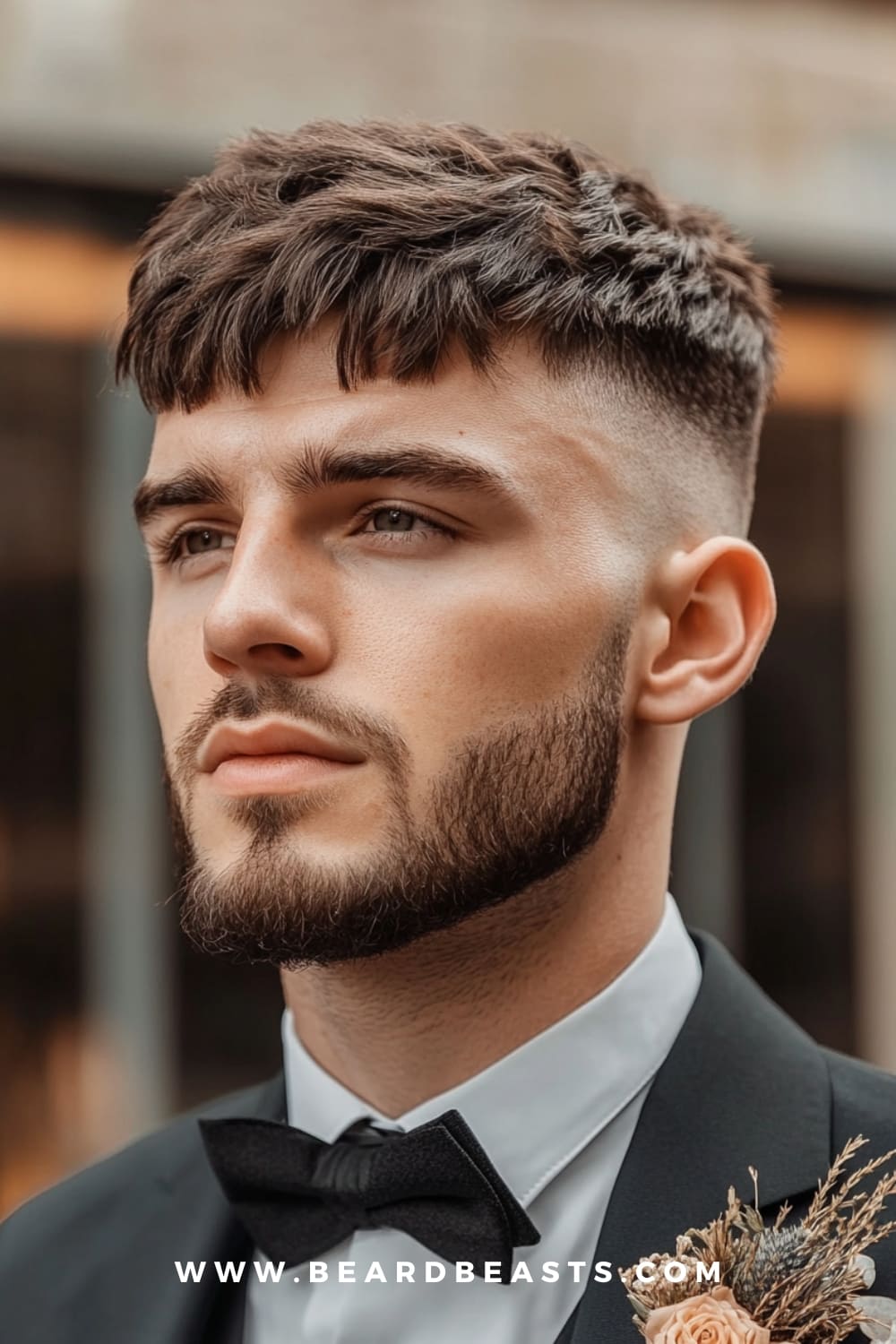 Man with a textured French crop hairstyle and a well-groomed beard, dressed in formal attire. The French crop is a stylish yet practical option among low maintenance haircuts for men, offering a neat, modern look with minimal styling effort.