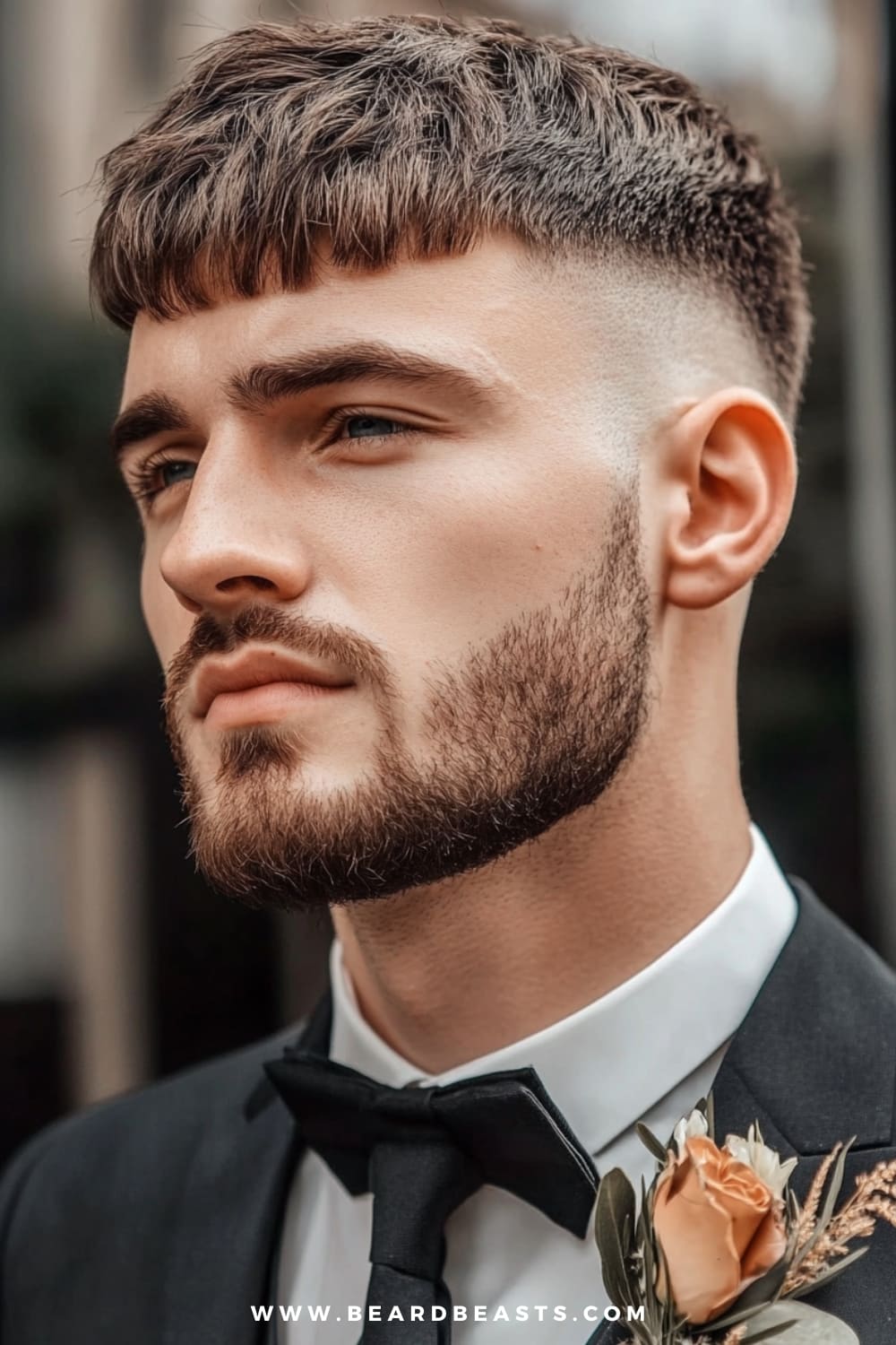 Man sporting a French Crop hairstyle, featuring short, textured hair on top with a blunt fringe, paired with a faded undercut. The hairstyle is clean and modern, making it perfect for formal occasions. Complemented by a neatly trimmed beard and a sharp tuxedo, the look is both stylish and sophisticated. An ideal example of men's formal hairstyles that balances contemporary trends with classic elegance.