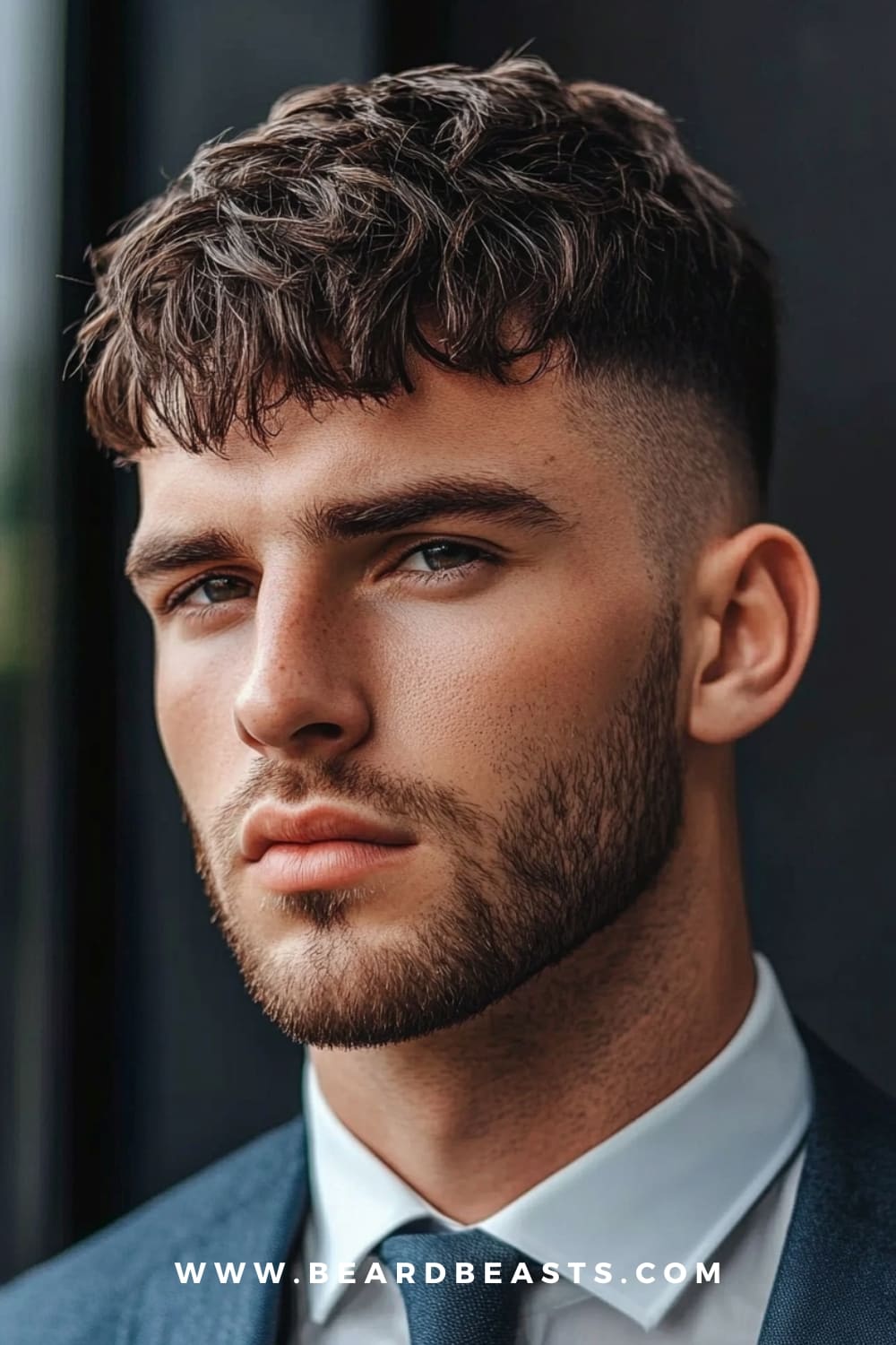 A trendy and modern Short Professional Men’s Hairstyle, featuring a textured fringe with cropped sides, perfect for a stylish yet business-appropriate look in 2024.