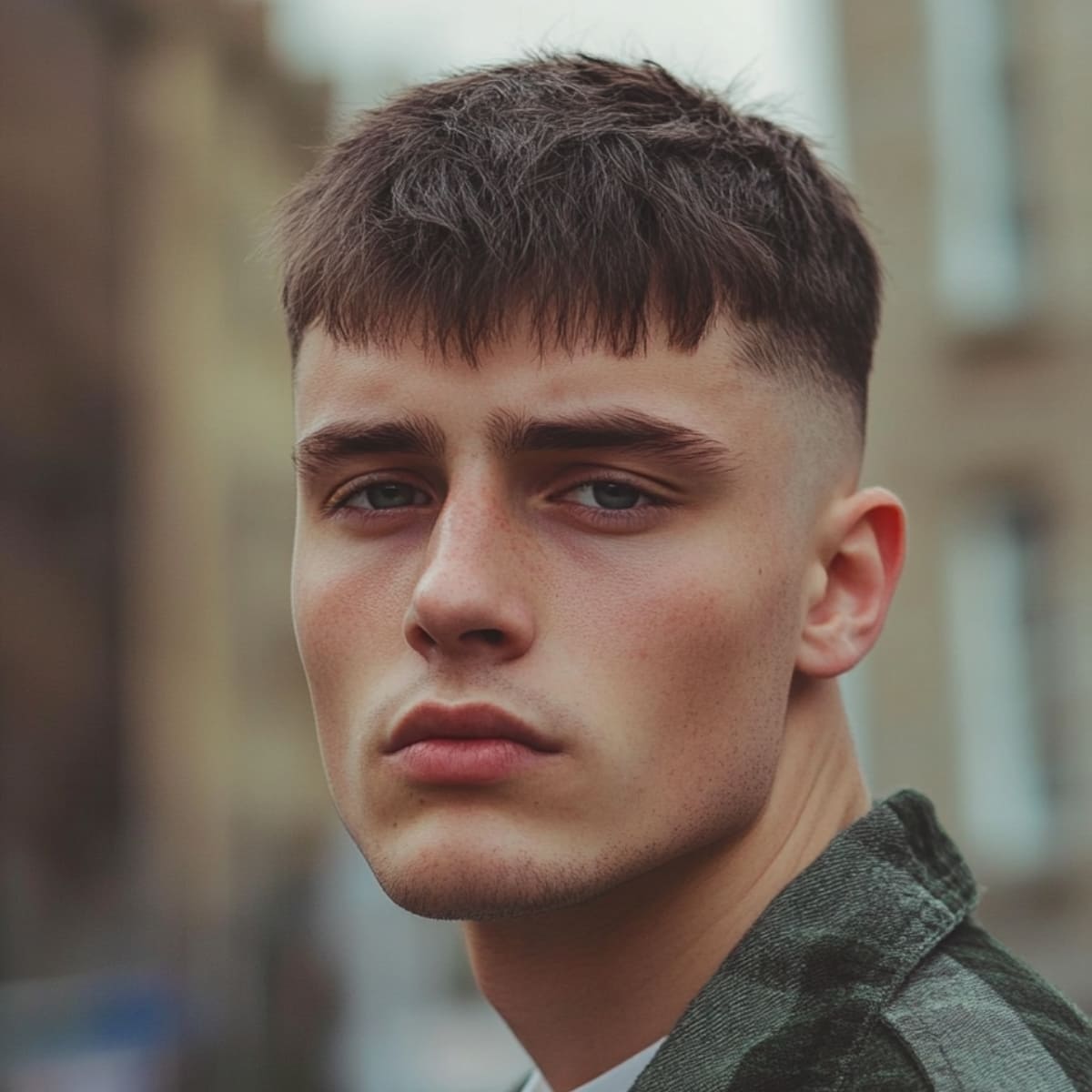 A close-up portrait of a young man with a textured French crop skin fade hairstyle. His hair is cut short on top with a slightly messy fringe, creating a rugged, effortlessly stylish look. The sides gradually fade down to the skin, giving the hairstyle a sharp, clean contrast.