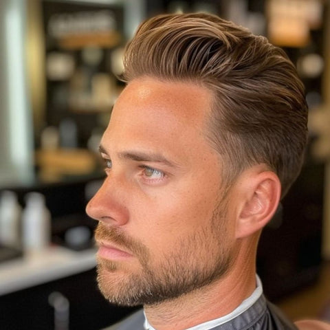 A man is shown with a fringe hairstyle that seamlessly transitions into a classic pompadour. His light brown hair is styled with volume, creating a high, sleek pompadour that is brushed back from his forehead, giving the hairstyle a refined and elegant shape. The sides are neatly tapered, providing a clean contrast to the fuller top, which adds a touch of sophistication to his overall appearance. He has a well-groomed beard that enhances the masculine and polished look. The man's expression is focused and serious, complementing the sharpness of his hairstyle. He is seated in a barbershop, as indicated by the blurred background that includes professional hair care products and equipment, further emphasizing the precision and care that has gone into achieving this style. The pompadour, with its smooth finish and height, makes this look ideal for those who appreciate timeless and classy hairstyles with a modern edge.