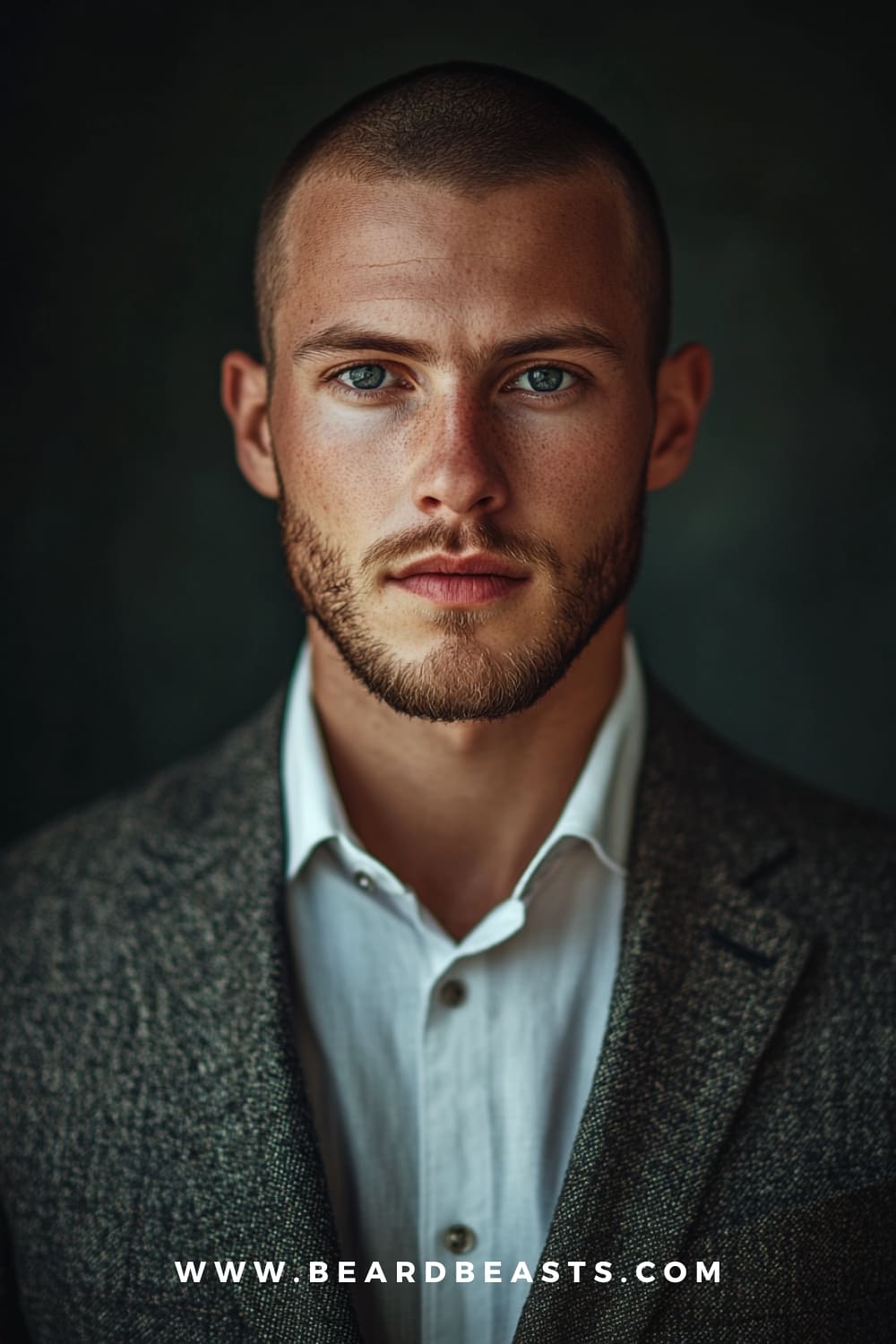 A man with a sharp buzz cut, showcasing one of the top gentlemen hairstyles for men in 2024. The clean, minimalist haircut is paired with a neatly groomed beard, exuding a strong, confident, and modern look.