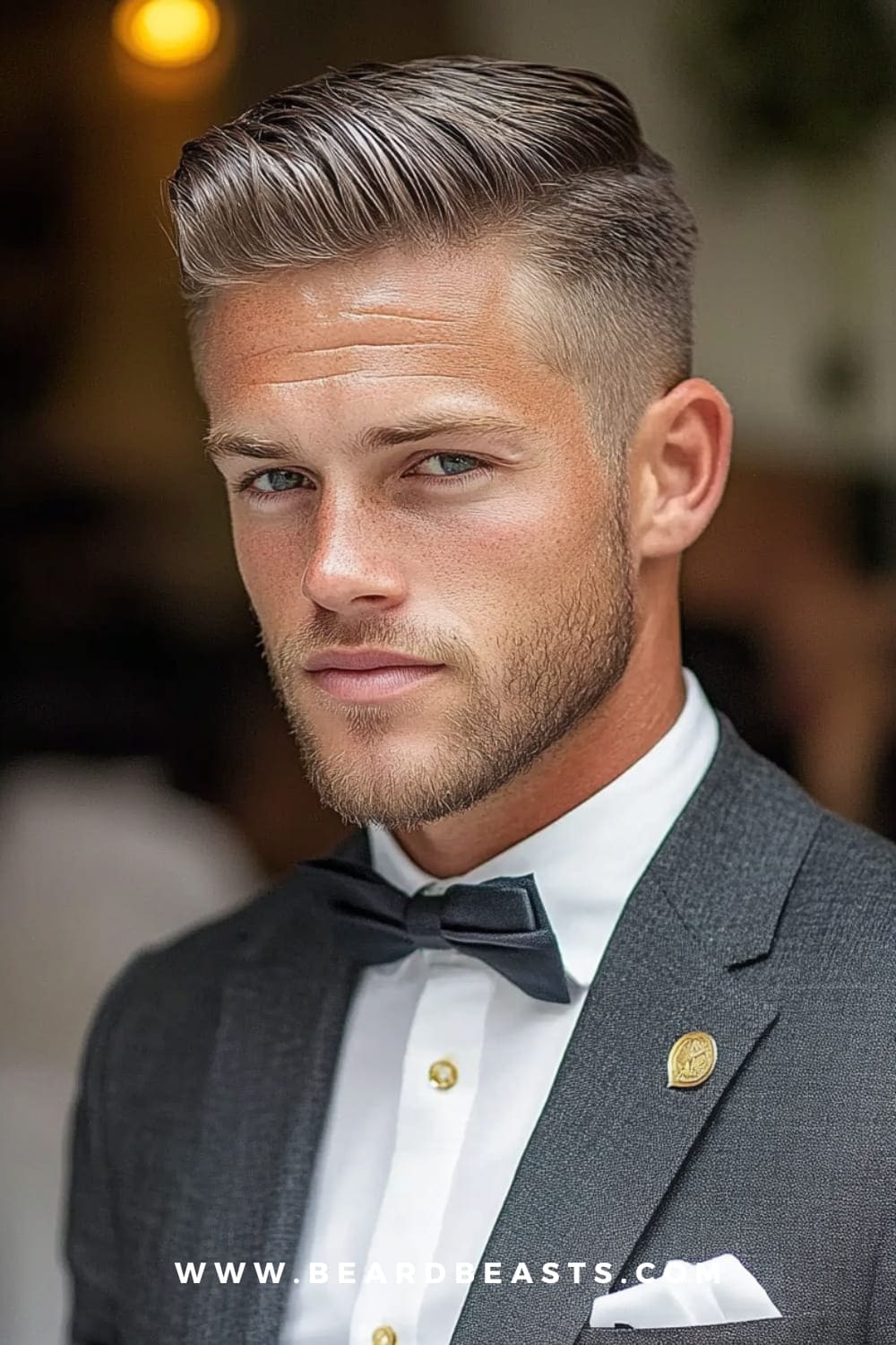 A man sporting a refined gentleman's cut, one of the most popular gentlemen hairstyles for men in 2024. The sleek, well-groomed style is paired with a sharp suit and bow tie, creating a sophisticated and polished look.