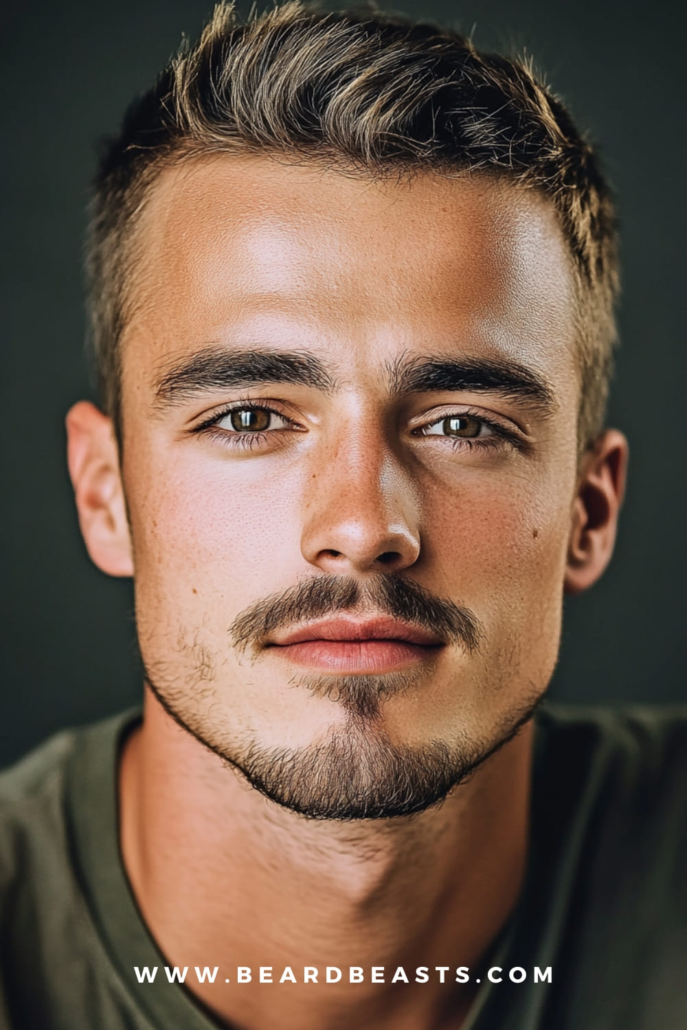 Close-up portrait of a young man, featuring a neatly groomed goatee with a mustache. The facial hair highlights his defined jawline while maintaining a balanced, minimalist look. 