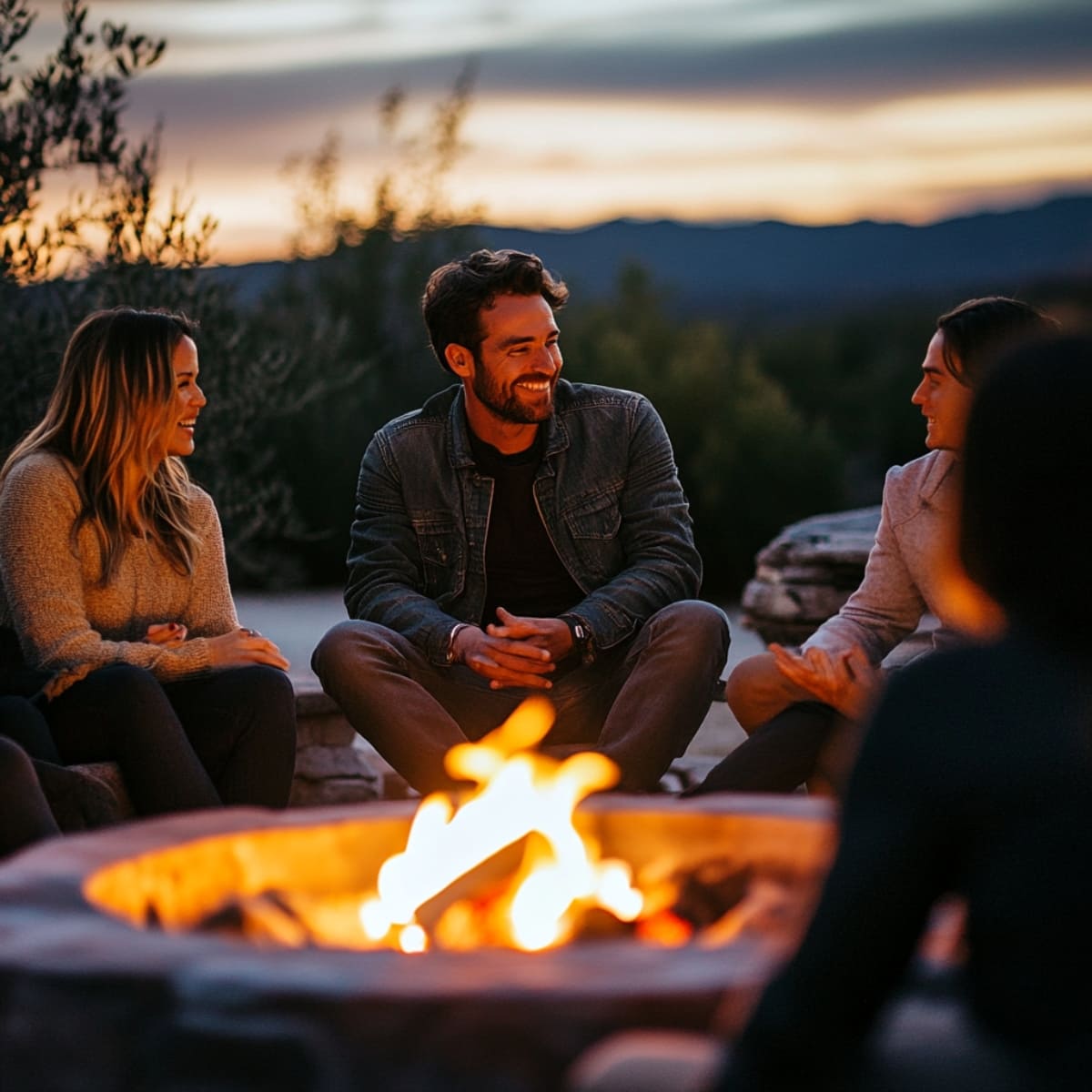 Man cultivating meaningful relationships, sitting around a cozy fire with friends, demonstrating how to improve yourself as a man by building strong connections and engaging in meaningful conversation.