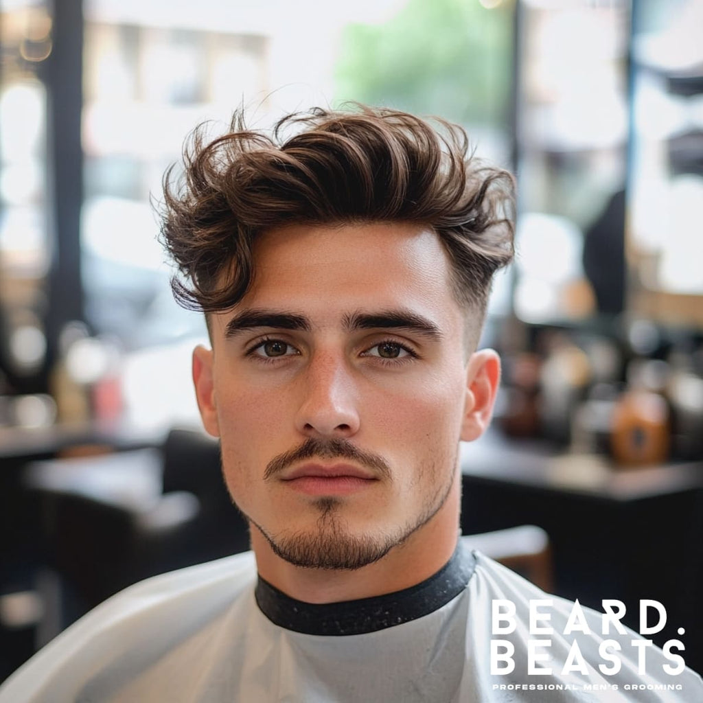 A stylish man showcasing a low fade textured top haircut in a modern barbershop setting. The top features voluminous, wavy hair styled with natural layers for a relaxed yet polished look, while the low fade begins just above the ears and blends seamlessly into the longer hair on top. The haircut emphasizes a clean and sharp transition between the sides and the textured top. The background includes a brightly lit barbershop with mirrors, tools, and natural light streaming through large windows, drawing attention to the expertly styled haircut.