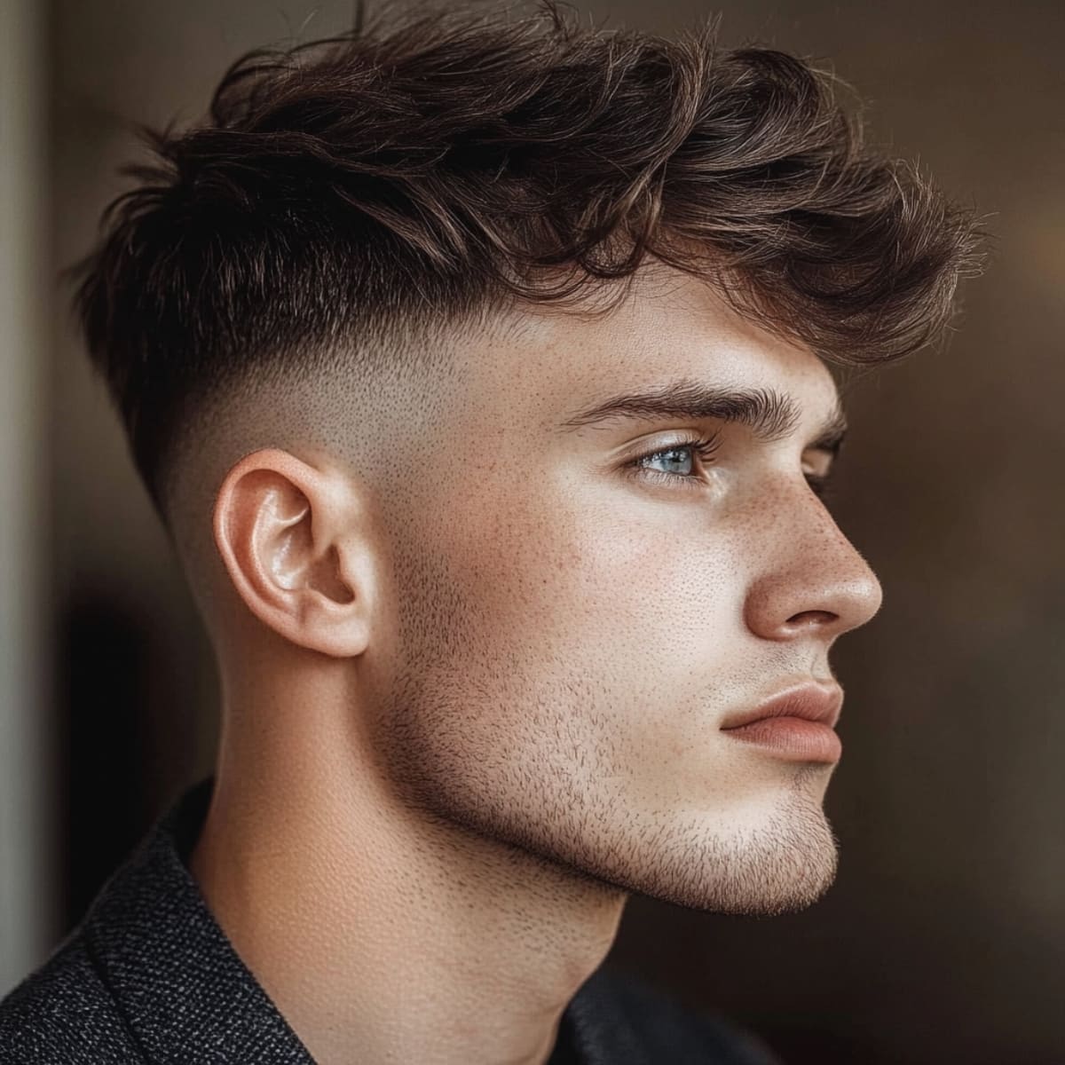 Side profile of a young man with a trendy Mid Fade Messy Top hairstyle, featuring a clean fade on the sides and a voluminous, textured top. The hairstyle perfectly highlights his sharp jawline and modern, stylish look.