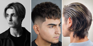 Collage of three haircuts for men with straight hair: a modern curtains haircut, a textured crop with high-faded sides, and a long layered haircut with smooth layers, showcasing stylish and versatile looks.