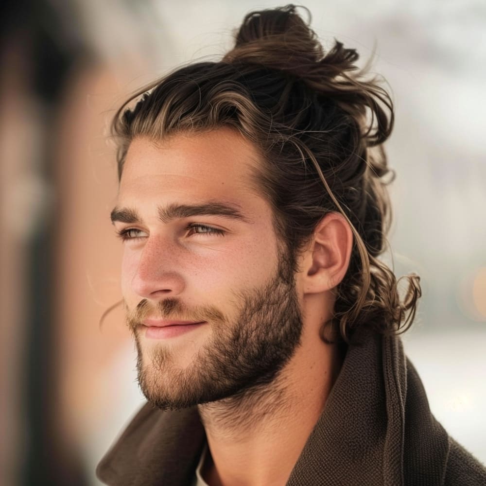 A man with a relaxed and effortlessly stylish half-up, half-down hairstyle is shown in this image. His long, wavy hair is partially pulled back into a loose bun at the crown of his head, while the rest flows freely, showcasing his natural waves. The hairstyle highlights his thick, textured hair and adds a bohemian, carefree vibe to his overall look. He has a well-groomed beard that complements his long hair, adding a rugged yet polished touch. Dressed in a casual, earth-toned jacket, he exudes a laid-back, confident demeanor. The soft, natural lighting enhances his warm complexion and the rich tones of his hair, creating a calm and serene atmosphere in the image.