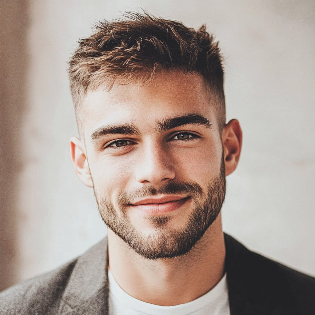 A handsome young man is smiling warmly, sporting a messy crew cut fade with a clean, sharp fade on the sides. The top of his hair is short and tousled, creating a casual, textured look. He is dressed in a dark blazer over a white shirt, combining a smart casual style with a relaxed, modern vibe. His well-groomed beard complements his hairstyle, enhancing his overall polished appearance. The soft lighting and neutral background highlight his stylish haircut and friendly demeanor.