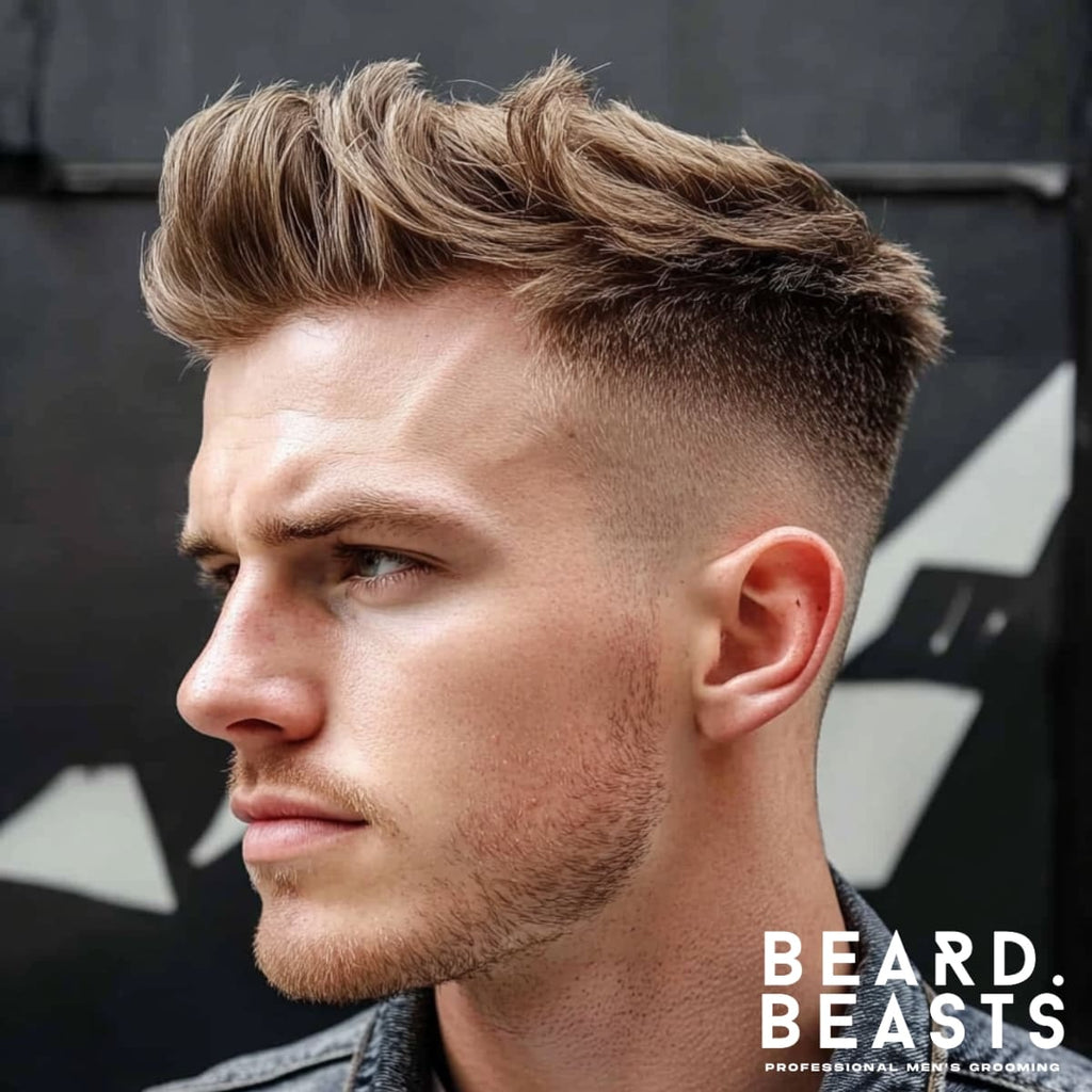 A side profile of a man with neatly styled hair featuring a voluminous top brushed forward with the fringe swept upward and back. The sides are sharply faded, creating a clean, modern look. He has a well-defined jawline, light stubble, and a focused, thoughtful expression. The background is minimalistic with subtle geometric shapes, enhancing the overall sleek and stylish aesthetic.