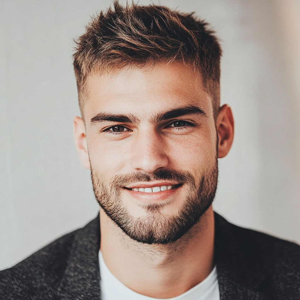 A smiling, handsome 25-year-old man with a short, messy crew cut fade hairstyle featuring a clean skin fade on the sides. The top is slightly tousled, giving him a casual yet stylish appearance. He is dressed in smart casual attire, wearing a dark blazer over a white shirt, exuding a modern and polished look. His well-groomed beard complements his sharp hairstyle and overall fashionable appearance.