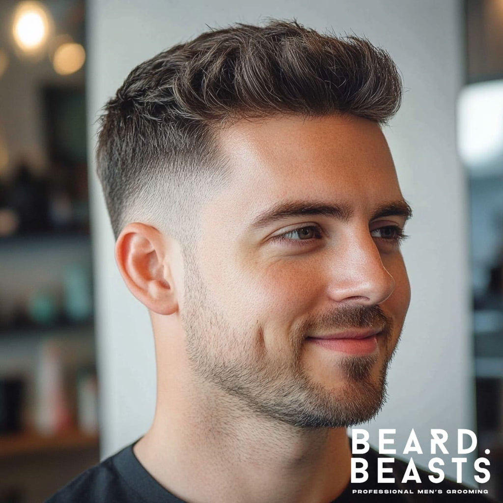 Side profile of a man with a stylish haircut, featuring neatly faded sides and a naturally textured, voluminous top. The look is clean, modern, and effortlessly sophisticated, perfect for a polished yet relaxed appearance.