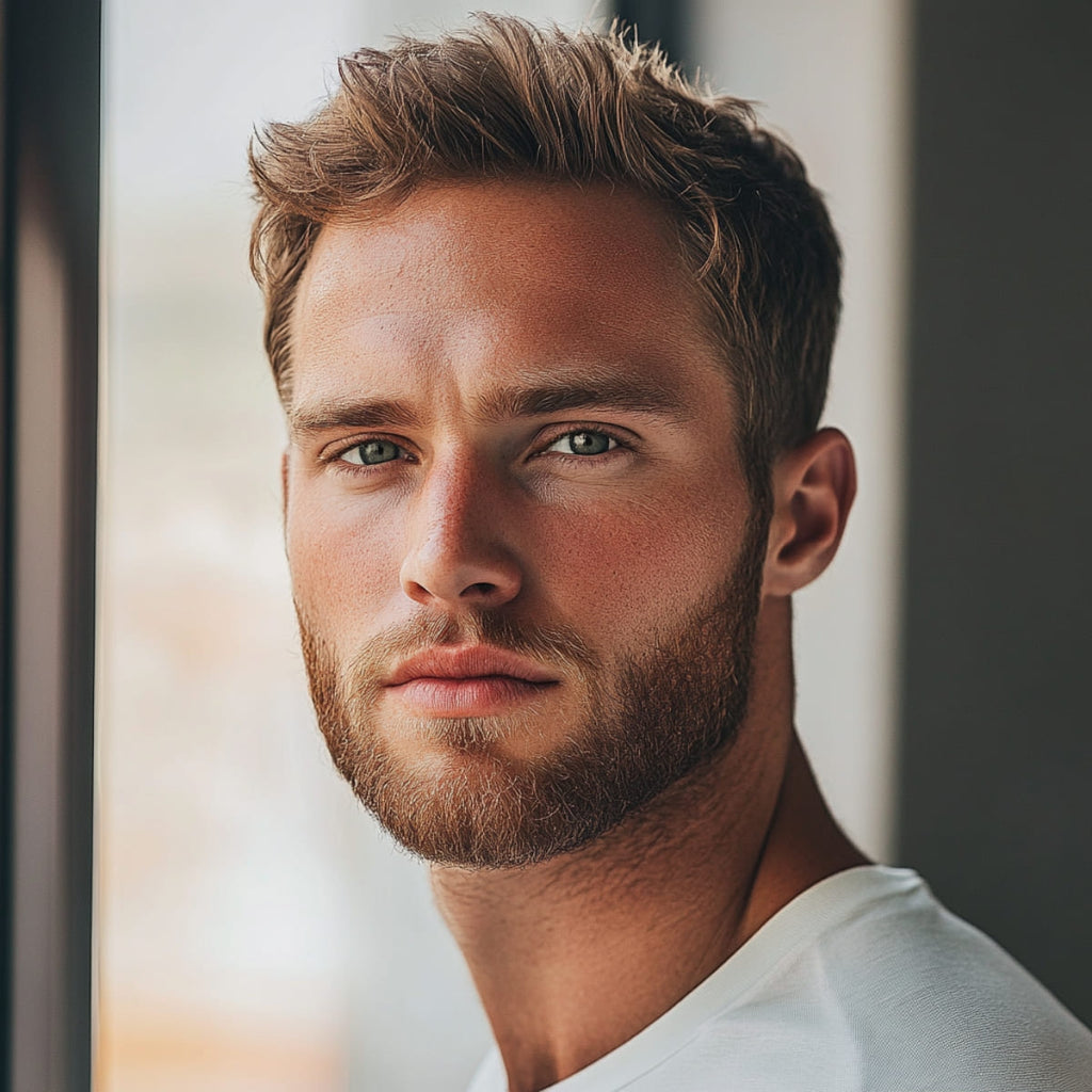 Portrait of a handsome man with a neatly groomed short boxed beard, accentuating his strong jawline and facial structure. His light brown hair is styled in a casual, tousled manner, complementing his clean-cut, yet rugged appearance. The soft natural lighting enhances his well-defined beard lines, giving off a sharp and professional look while maintaining a subtle masculinity.