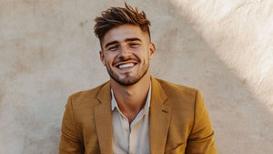 A smiling man in a mustard blazer with a light shirt, rocking a skin fade hairstyle. The top is textured and tousled, contrasting with the clean fade for a fresh, stylish look.