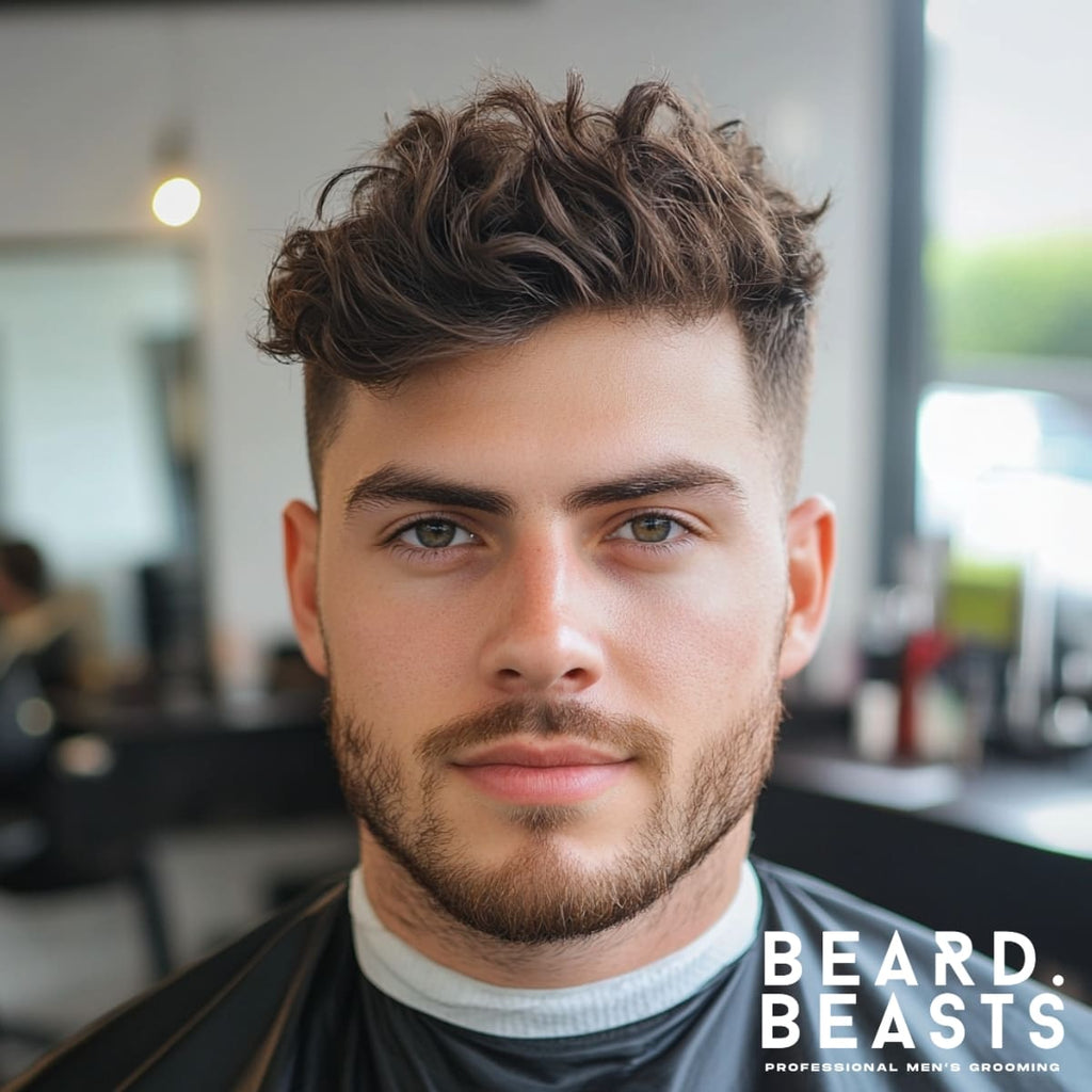 A young man with a low fade textured top haircut, featuring thick, naturally wavy hair styled with a tousled texture for a modern and effortless look. The low fade starts subtly above the ears, creating a clean and gradual transition into the voluminous top. The man has a well-groomed beard and sharp facial features, exuding confidence. The background displays a bright, professional barbershop with soft lighting and grooming tools, highlighting the hairstyle's fresh and stylish appeal.