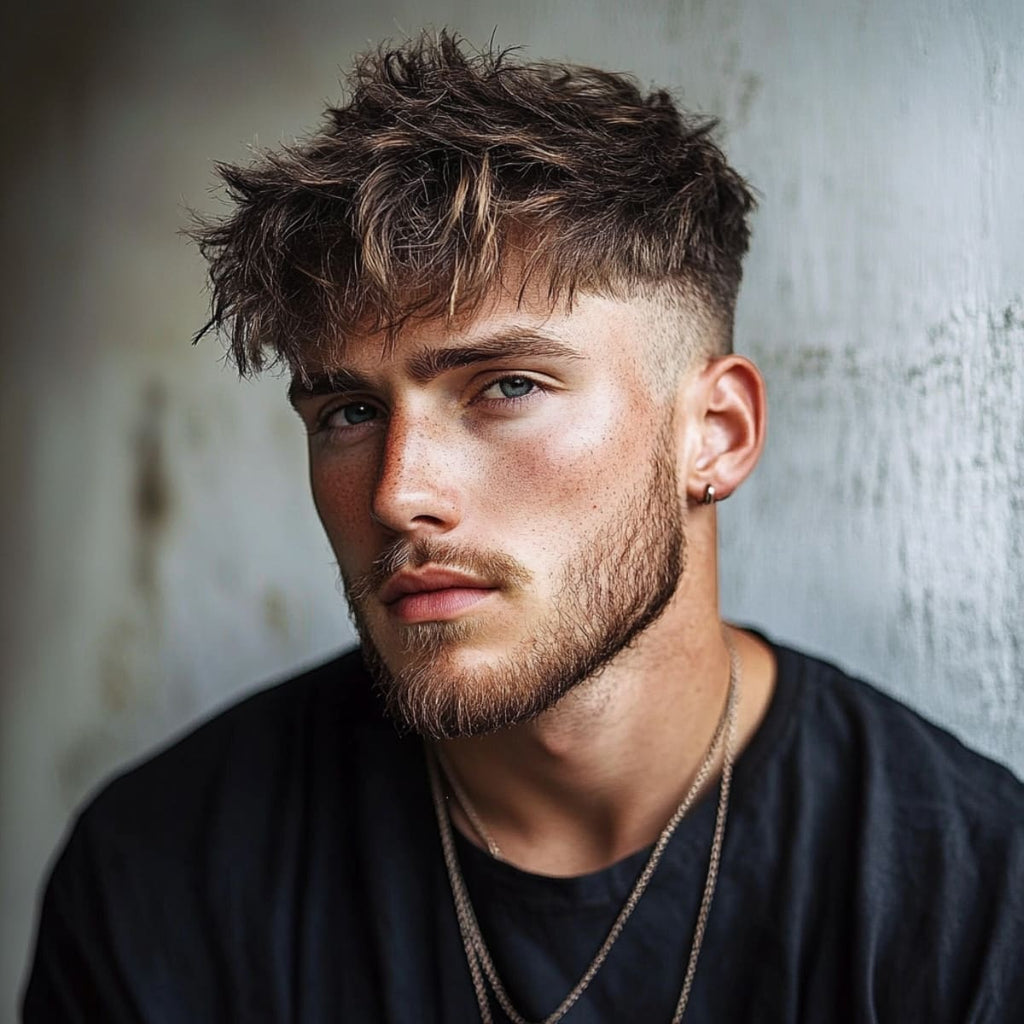 Handsome man with a textured messy fringe mid fade haircut, featuring tousled hair on top with a gradual fade on the sides. He has a well-groomed beard, wears a simple earring, and sports a casual black t-shirt and chain necklaces, giving off a stylish, laid-back vibe.